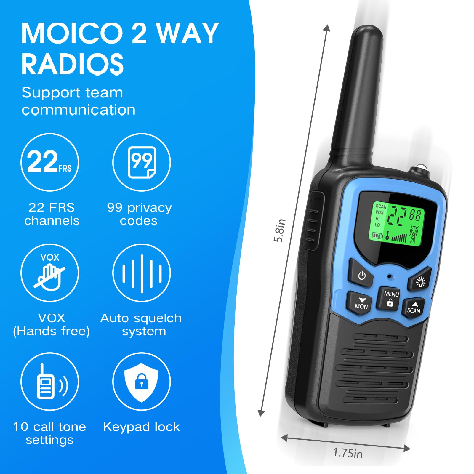MOICO Long Range Walkie Talkies for Adults - 22 FRS Channels, LED Flashlight, VOX Scan & LCD Display - Perfect for Hiking, Camping, Outdoor Adventures & Emergency Communication (4 Pack, Blue)