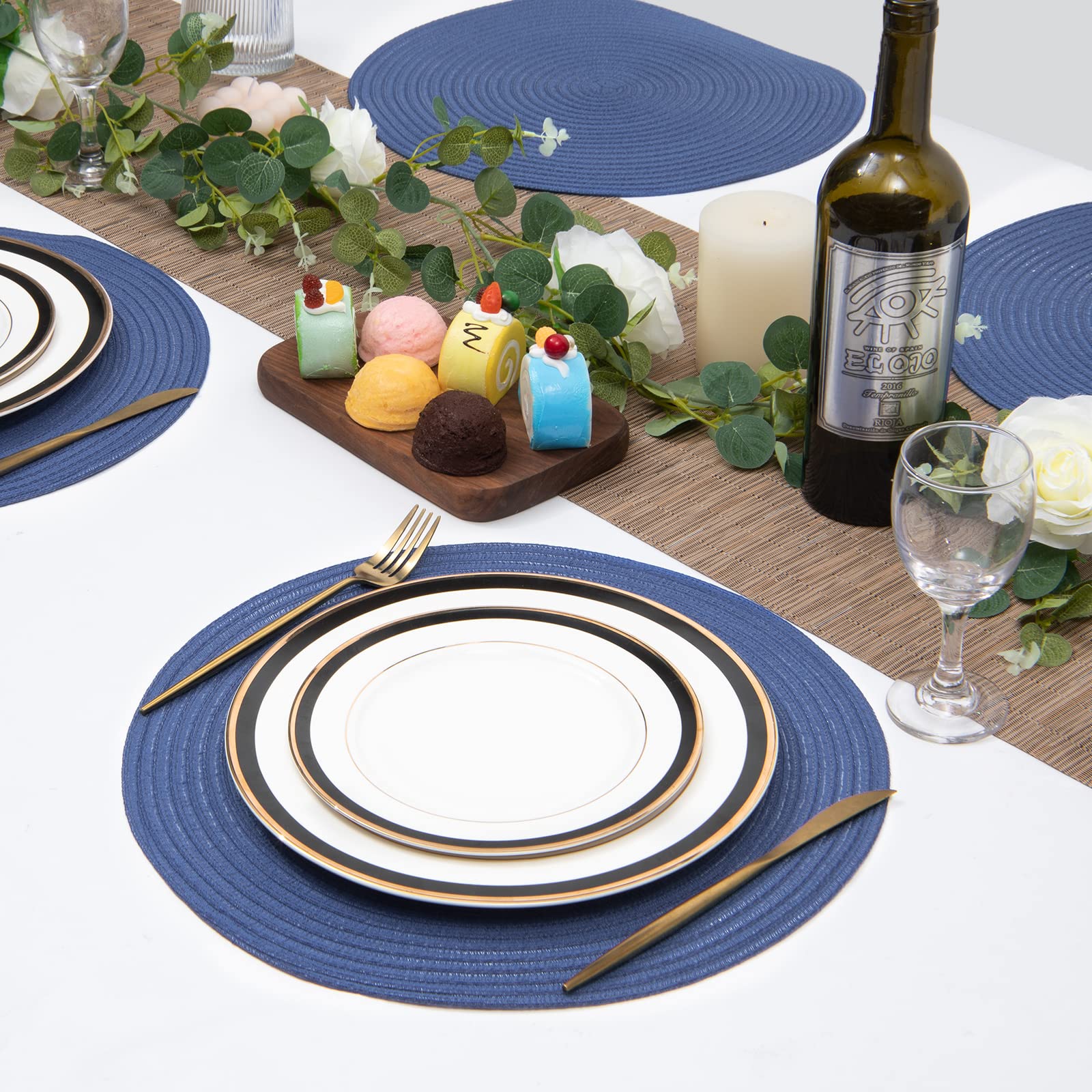 SHACOS Set of 6 Round Braided Placemats - 15 Inch Washable Cotton Polyester Table Mats for Dining Room, Kitchen, Party - Sail Blue (6 Pack) | Durable & Stylish Home Decor