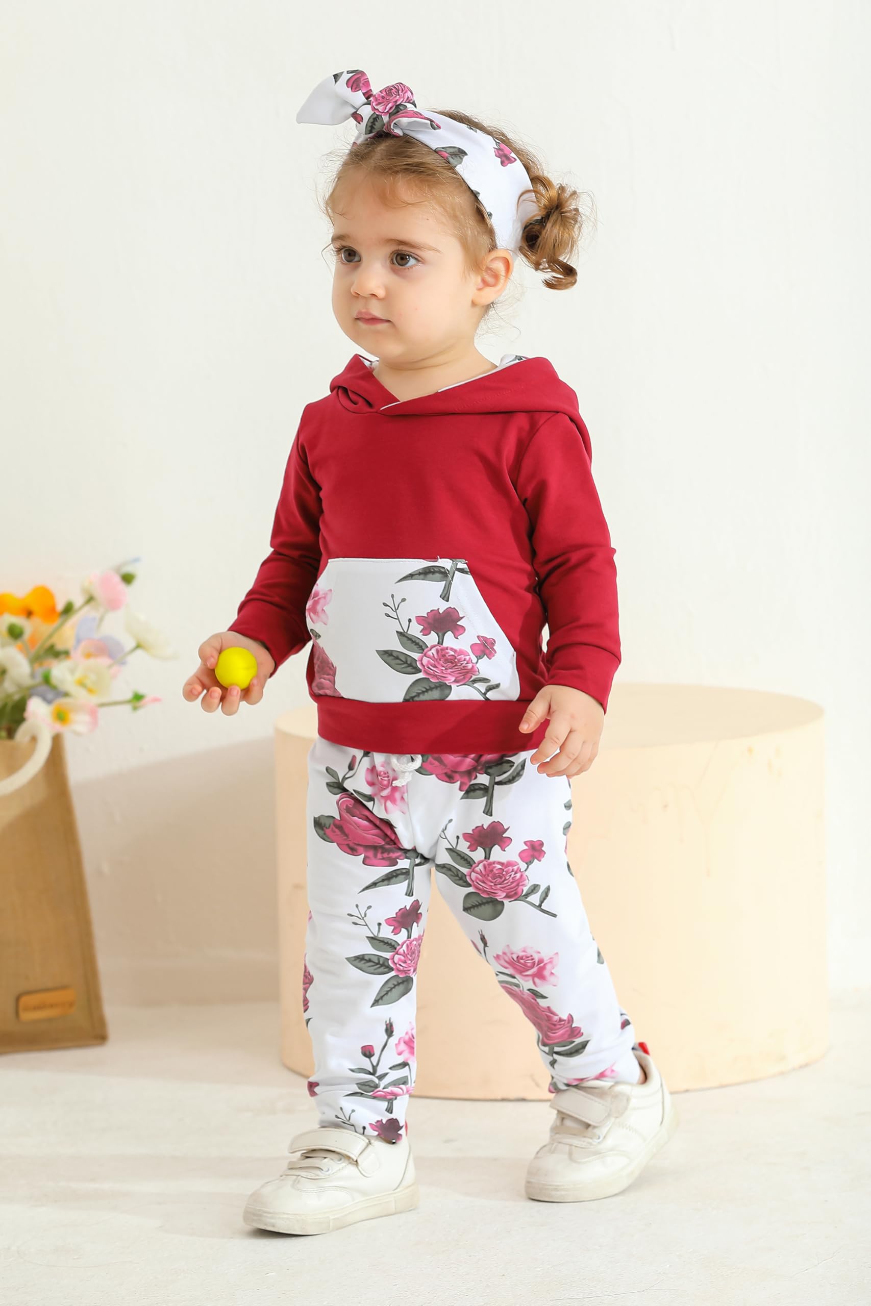 Eghunooy Baby Girl Outfit Set - Floral Long Sleeve Hoodie Sweatshirt & Pants with Pocket & Headband | Cute Toddler Clothes for Playdates, Photoshoots & Everyday Wear