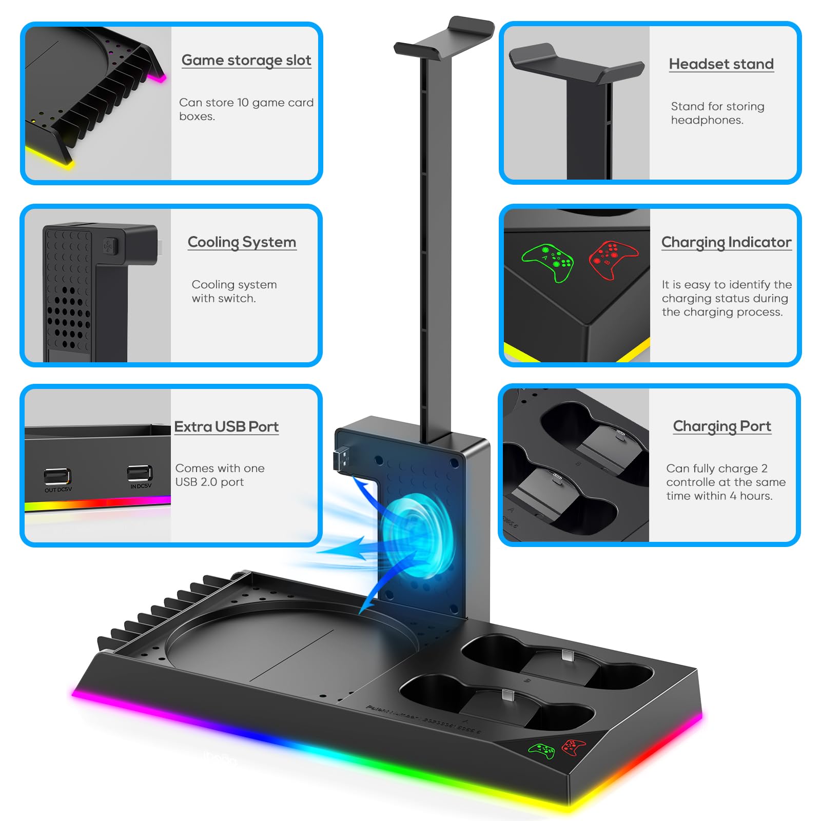 Upgraded Xbox Series X Stand with Cooling Fan & RGB Lights - Charging Station, Controller Dock, Game Storage Rack & Headset Stand - Includes 2X1400mAh Rechargeable Batteries - Perfect for Gaming Setup & Console Organization