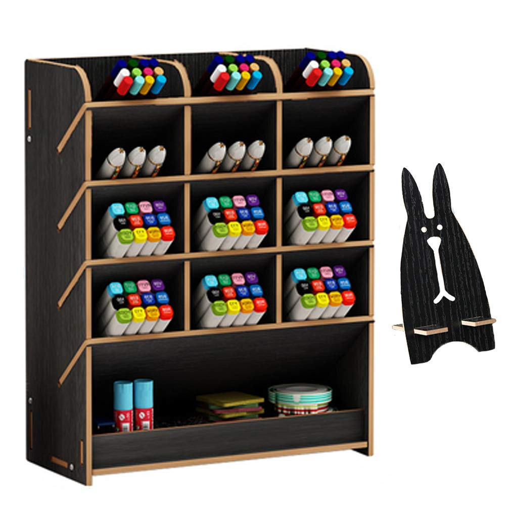 Marbrasse Wooden Pen Organizer - Multi-Functional DIY Pen Holder Box with Drawer, Desktop Stationery Organizer for Home Office & Art Supplies Storage, Easy Assembly (B12-Black) - Perfect for Organizing Pens, Pencils, Markers & Office Accessories on Your Desk