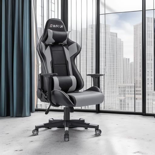 Homall Ergonomic Gaming Chair - High Back Office Chair with Adjustable Headrest & Lumbar Support, Leather Computer Desk Chair for Racing Style Executive Workstation (Grey) - Perfect for Home Office, Gaming Setup & Professional Workspaces