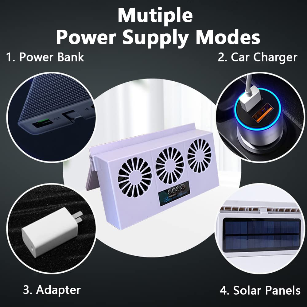 Solar Powered Car Fan with USB Charging - Strong Wind Auto Window Exhaust Cooling Fan for Vehicle Ventilation - Perfect for Summer Road Trips & Parking Cooling (Black)