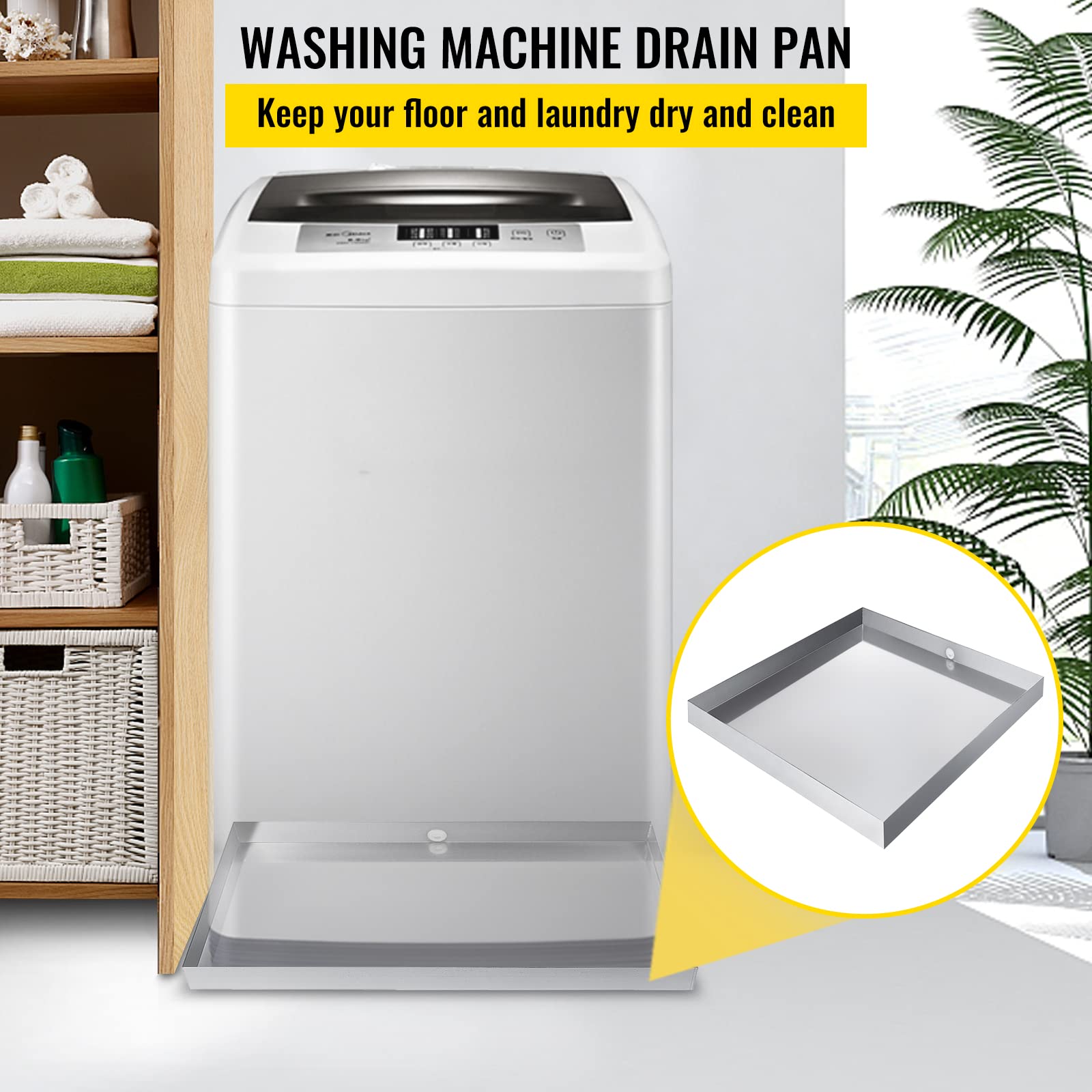 VBENLEM 32 x 30 x 2.5 Inch Heavy Duty Stainless Steel Washing Machine Pan - 18 Gauge 304 Stainless Steel Washer Drip Tray with Drain Hole & Hose Adapter for Compact Washing Machines - Perfect for Laundry Rooms, Basements & Apartments to Prevent Water Damage