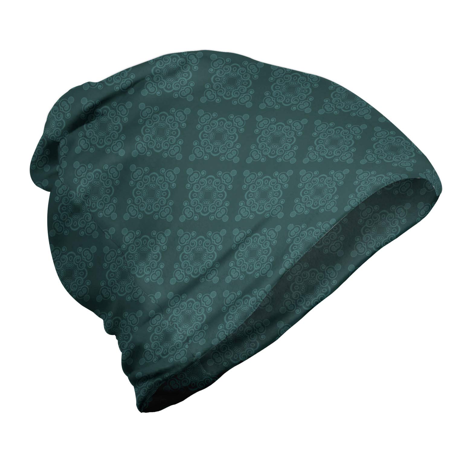 Ambesonne Unisex Winter Beanie Hat - Classic Swirly Oriental Art Design, Soft Knit for Men & Women - Perfect for Hiking, Outdoor Activities & Cold Weather - Dark Teal