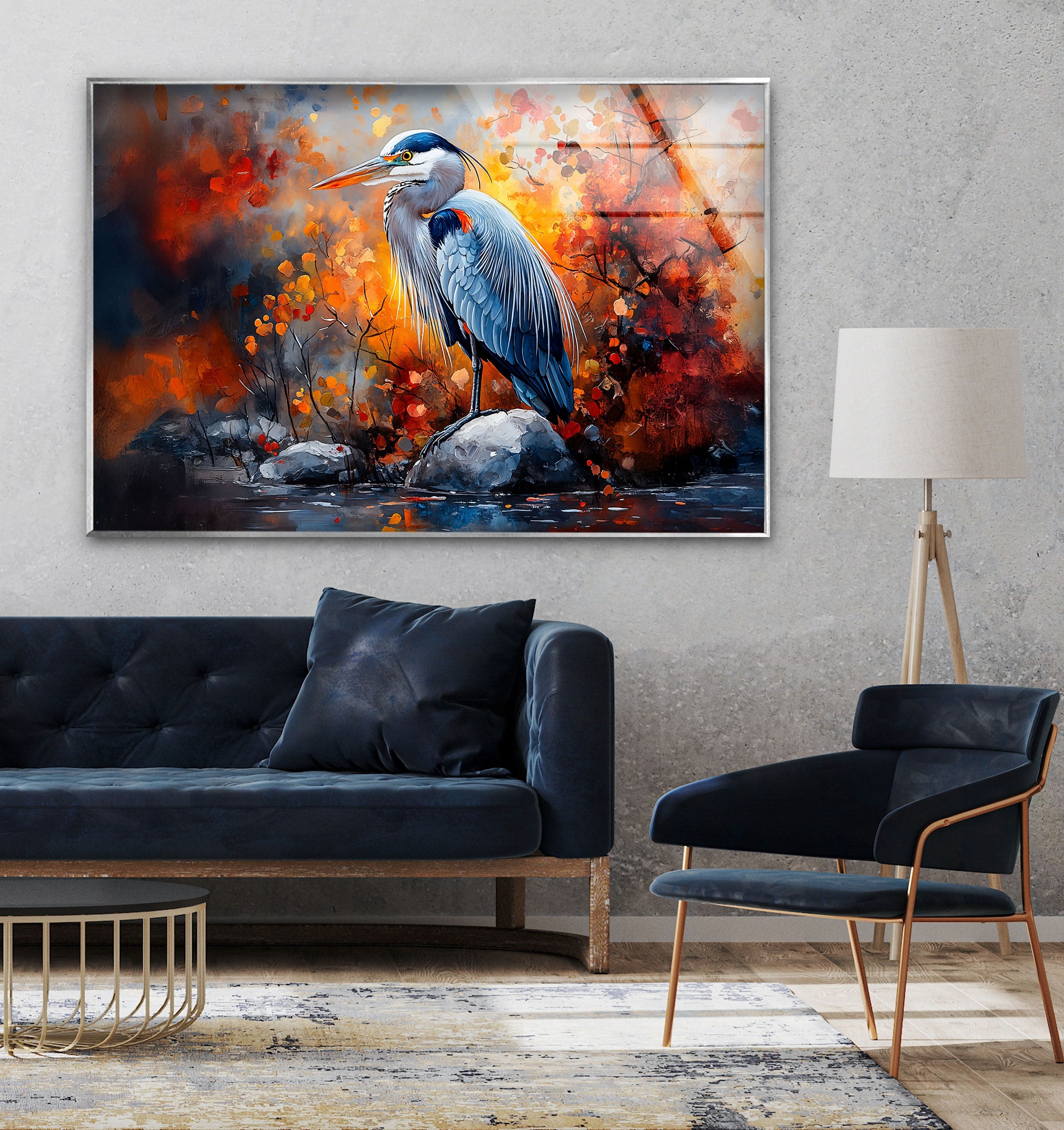 Autumn Majesty - Heron in Fiery Foliage Glass Wall Art Decor | Stunning Nature-Themed Home & Office Decoration | Perfect for Living Room, Bedroom or Gift