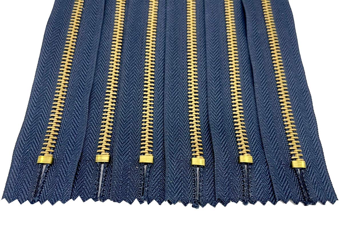 Heavy Duty 7 Inch Metal Zippers #5 Navy Tape with Golden Brass Teeth - 6 Pack Closed End Spring Lock Sliders for Jeans, Denim Pockets, Clothing & Sewing Crafts | Perfect for DIY Projects, Jacket Repairs & Bag Making (7