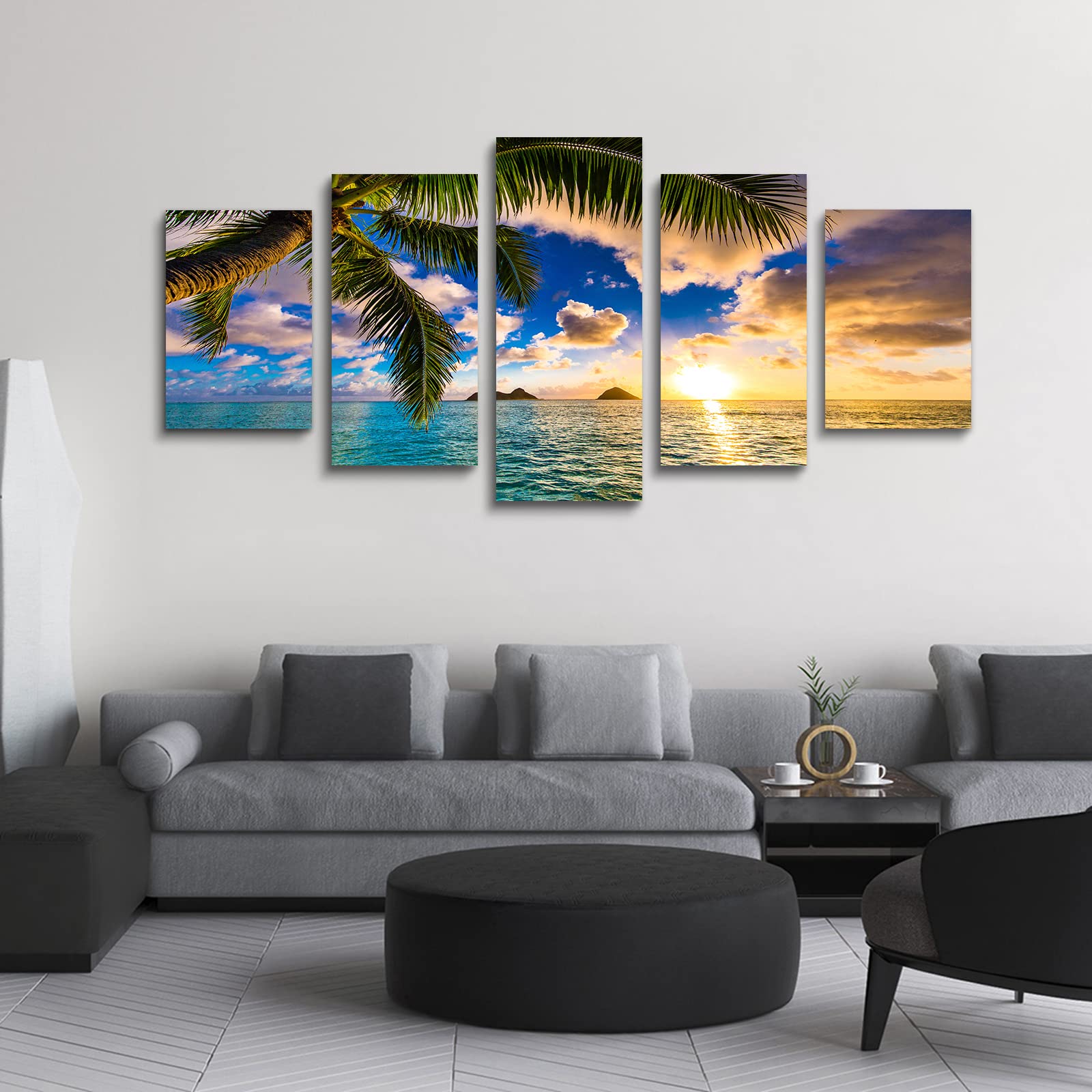 EPHANY Modern 5-Piece Framed Giclee Canvas Wall Art - Blue Beach Landscape Painting Set for Living Room, Bedroom & Office Decor | Ready-to-Hang Home Decoration