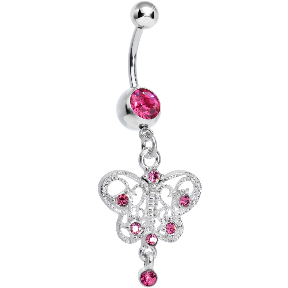 Pink Hollow Butterfly Swirl Dangle Belly Ring - Body Jewelry for Women | Trendy Navel Piercing for Summer, Beach & Festival Outfits