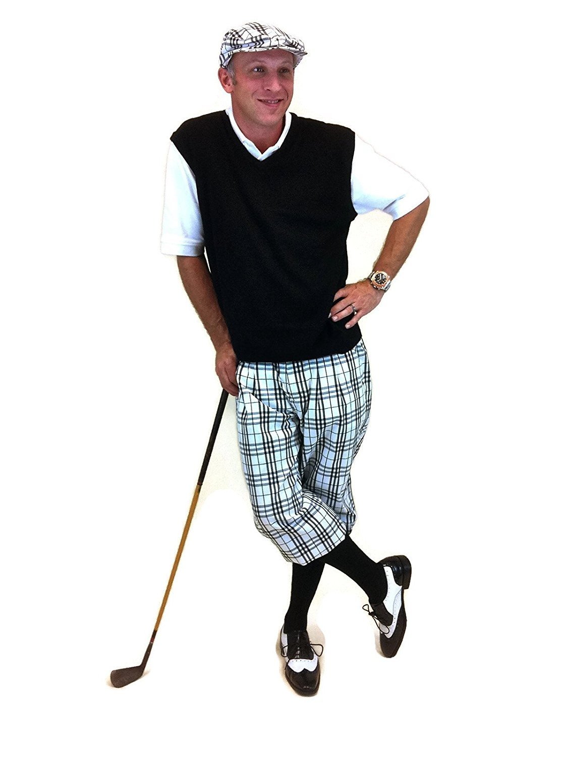 Men's Golf Outfit - White Check Royal Troon Knickers, Black Sweater, Socks & Cap (Size 32, Large) | Premium Golf Apparel for Men | Perfect for Golf Tournaments & Country Club Events