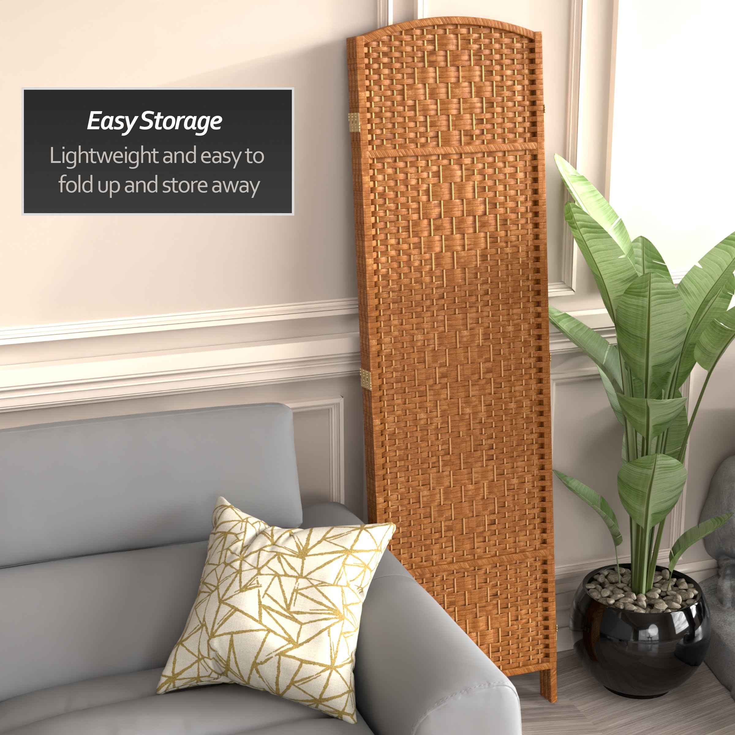 6 ft. Tall Diamond Weave Fiber Dark Beige Room Divider - 3 Panel Folding Privacy Screen for Home, Office, and Outdoor Use - Red Lantern Decorative Partition