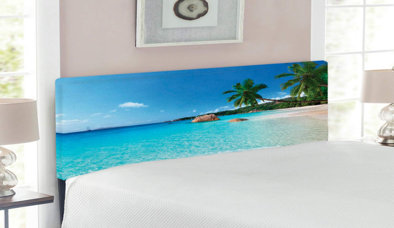 Ambesonne Ocean Headboard - Queen Size Upholstered Metal Bed Headboard with Memory Foam | Turquoise Blue Green Coastal Design | ANSE Lazio Beach at Praslin Island Scenic View | Perfect for Beach House, Guest Room & Coastal Bedroom Decor