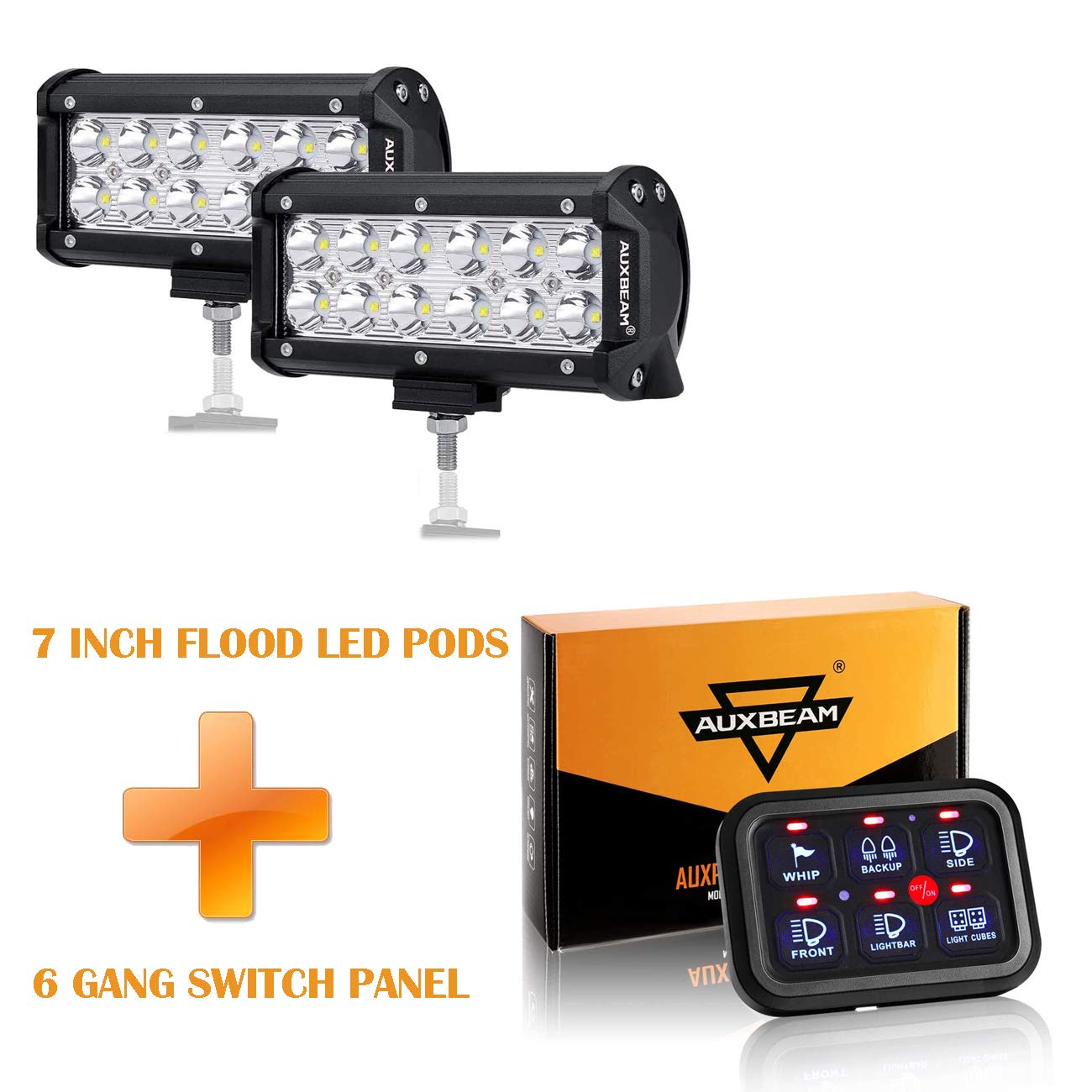 Auxbeam 7 Inch LED Light Bar 2 Pack with 6 Gang Switch Panel Kit - Blue LED Off-Road Lights for Trucks, Jeeps, ATVs & UTVs - Waterproof Spot & Flood Combo Beam for Night Driving, Camping & Outdoor Adventures