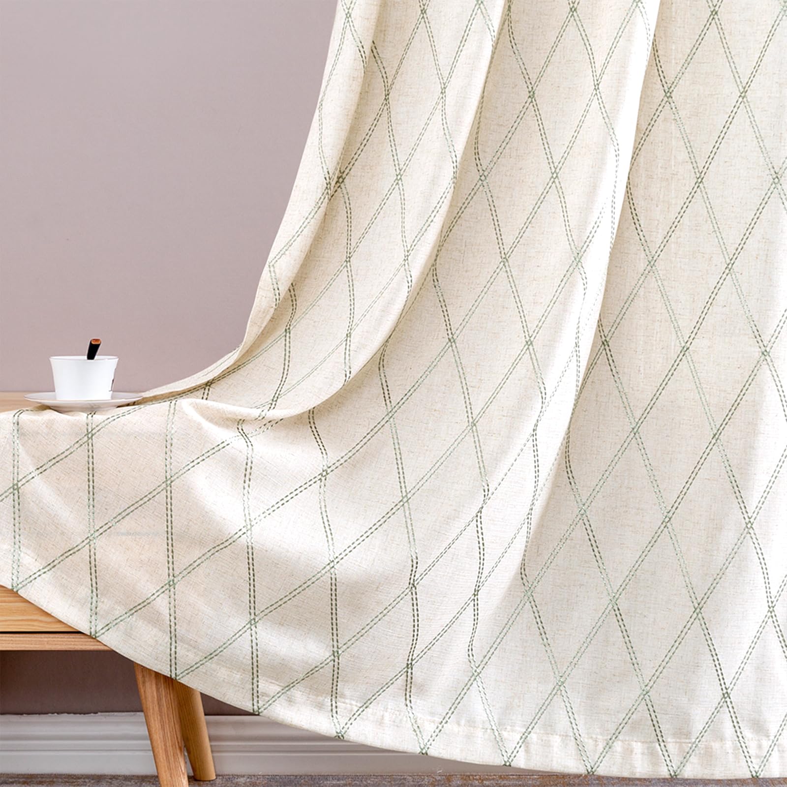 Premium Linen Curtains for Living Room & Bedroom - Green Diamond Embroidered Geometric Pattern Window Drapes, Flax Grommet Blackout Curtains Set (95