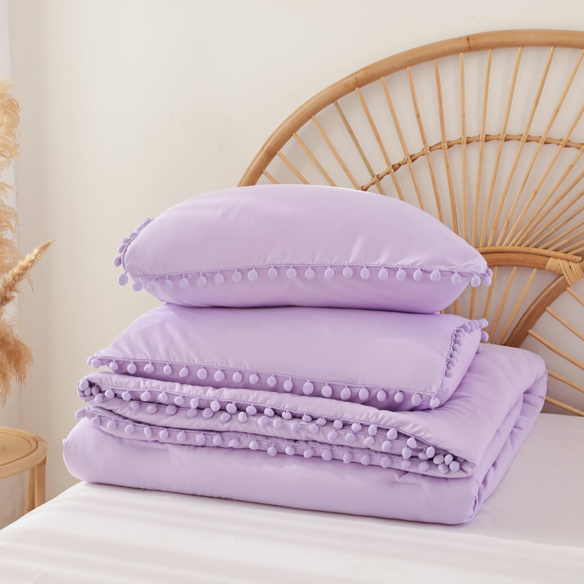 YIRDDEO Queen Comforter Set with Pom Fringe - 3 Piece Lavender Bedding for All Seasons - Perfect for Master Bedroom Decor