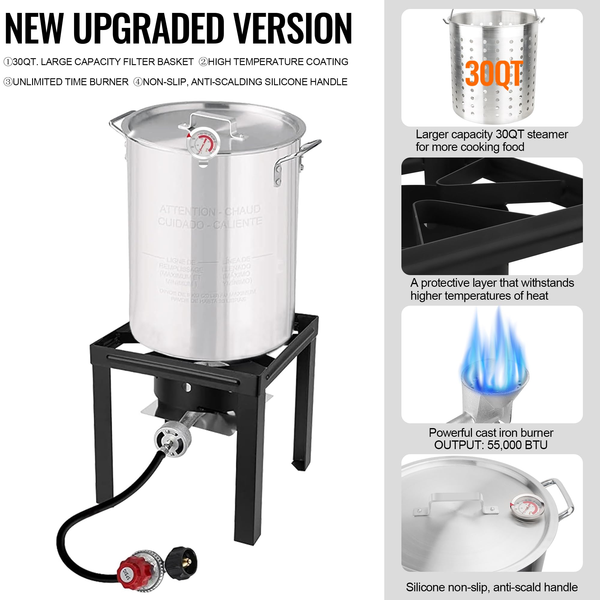 30QT & 10QT Deep Turkey Fryer Set with Basket - Seafood Boil Pot, Crawfish Boiler Kit with Large Steamers & 54,000BTU High Output Burner for Outdoor Cooking, Camping, Thanksgiving Parties, Backyard Gatherings and Family BBQs