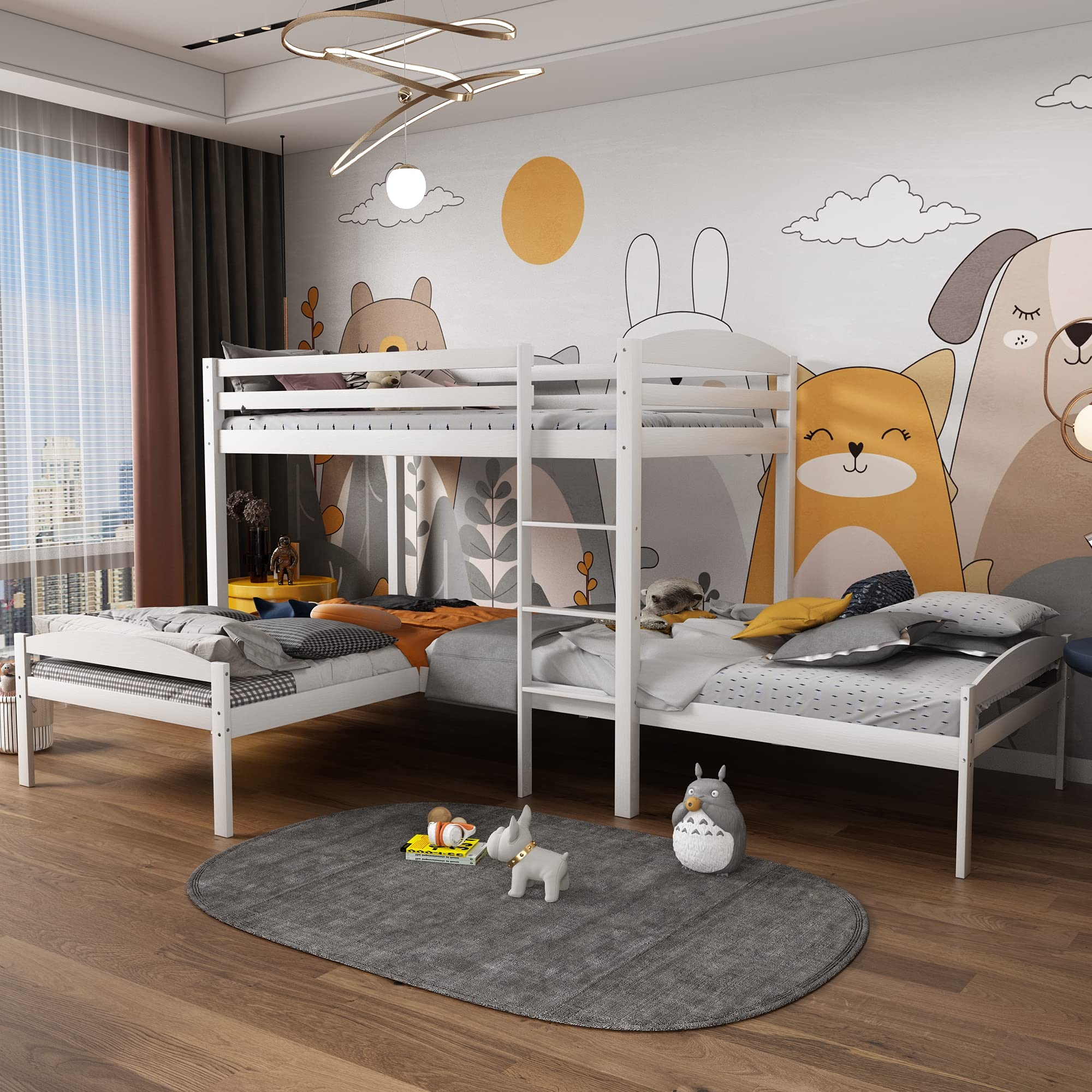 Tmosi Wood Triple Bunk Beds - L-Shaped Twin Over Twin Over Twin Bunk Bed with Safety Guard Rails & Ladder | Heavy Duty Space-Saving Bunk Bed for Kids, Teens & Adults | Perfect for Small Bedrooms, Dorms & Vacation Homes