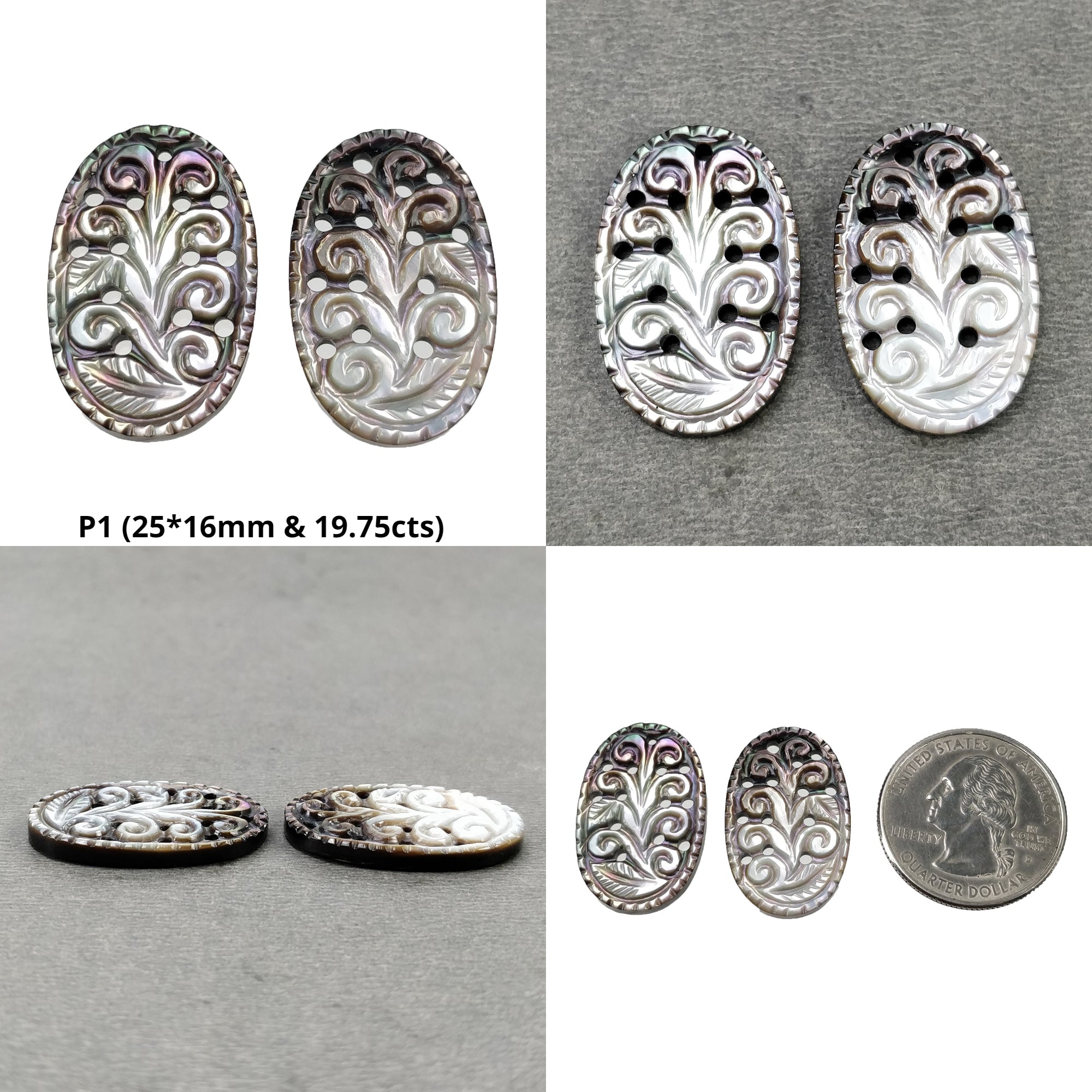 Natural Untreated Black Mother of Pearl Gemstone Carving - Hand Carved Oval Shape Pairs for Jewelry Making, DIY Crafts & Home Decor