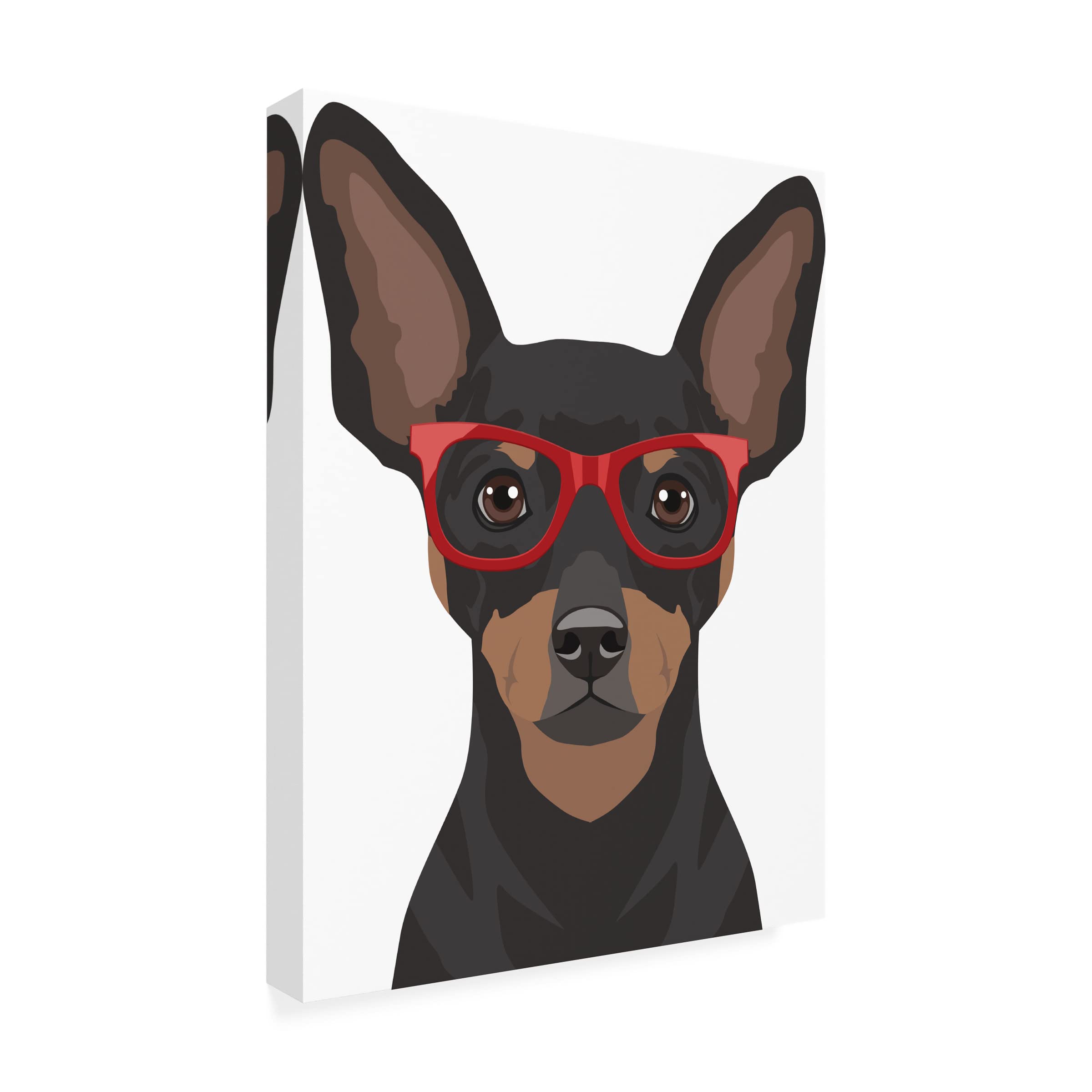Miniature Pinscher Wearing Hipster Glasses Canvas Wall Art - Modern Dog Portrait Painting for Living Room, Bedroom & Office Decor - Unique Gift for Dog Lovers