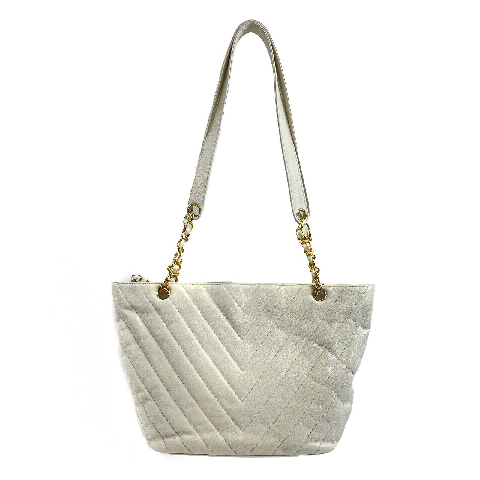 Vintage CHANEL 1994 White Leather Small Chevron Tote Shoulder Bag - Luxury Designer Handbag for Women, Perfect for Everyday Use & Special Occasions