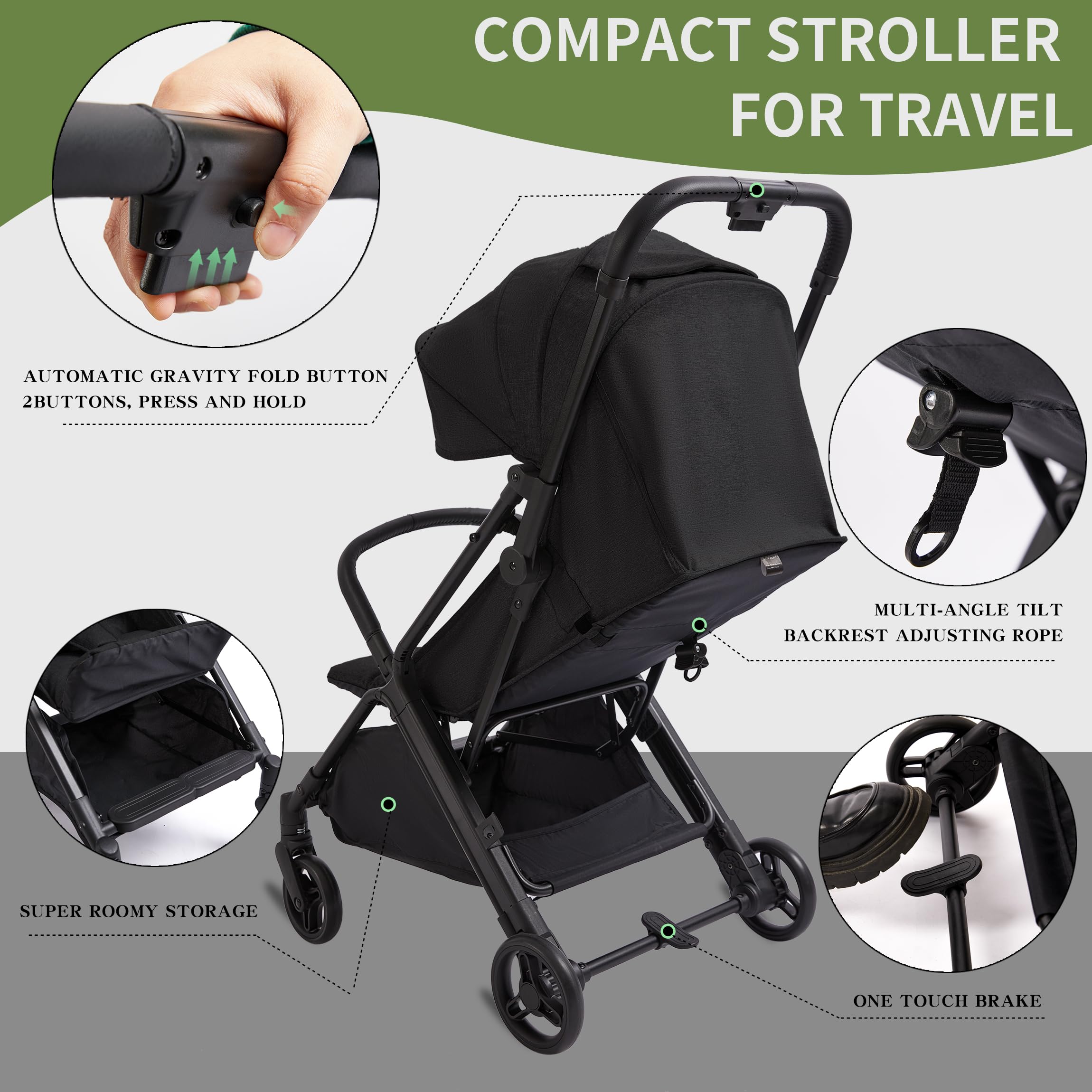COOL KIDS Lightweight Travel Stroller - Automatic Fold Umbrella Stroller with Adjustable Sun Canopy | Compact Baby Stroller for Airplane Travel, Shopping & Daily Use (Black)