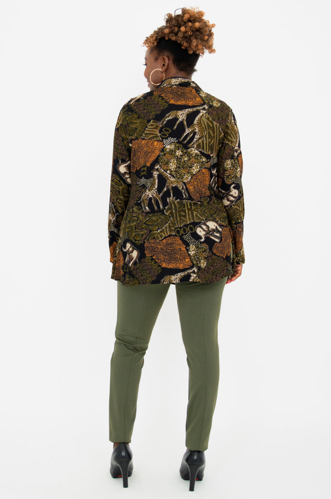 Elegant Long Sleeve Blouse with Elephant Print - Women's Fashion Top for Casual Wear, Office & Date Night