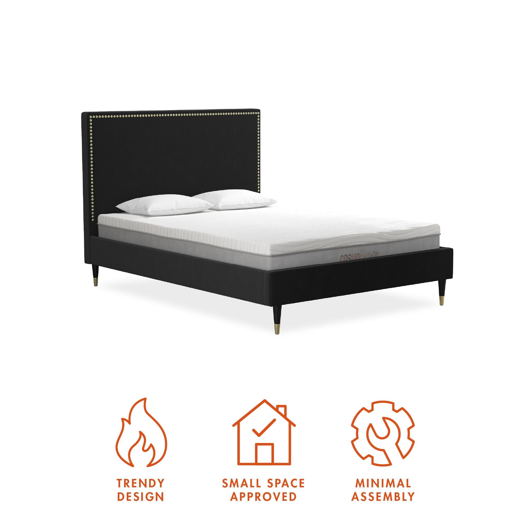 CosmoLiving by Cosmopolitan Audrey Queen Size Upholstered Bed Frame - Luxe Black Velvet Fabric for Modern Bedroom Decor | Perfect for Master Bedrooms & Guest Rooms