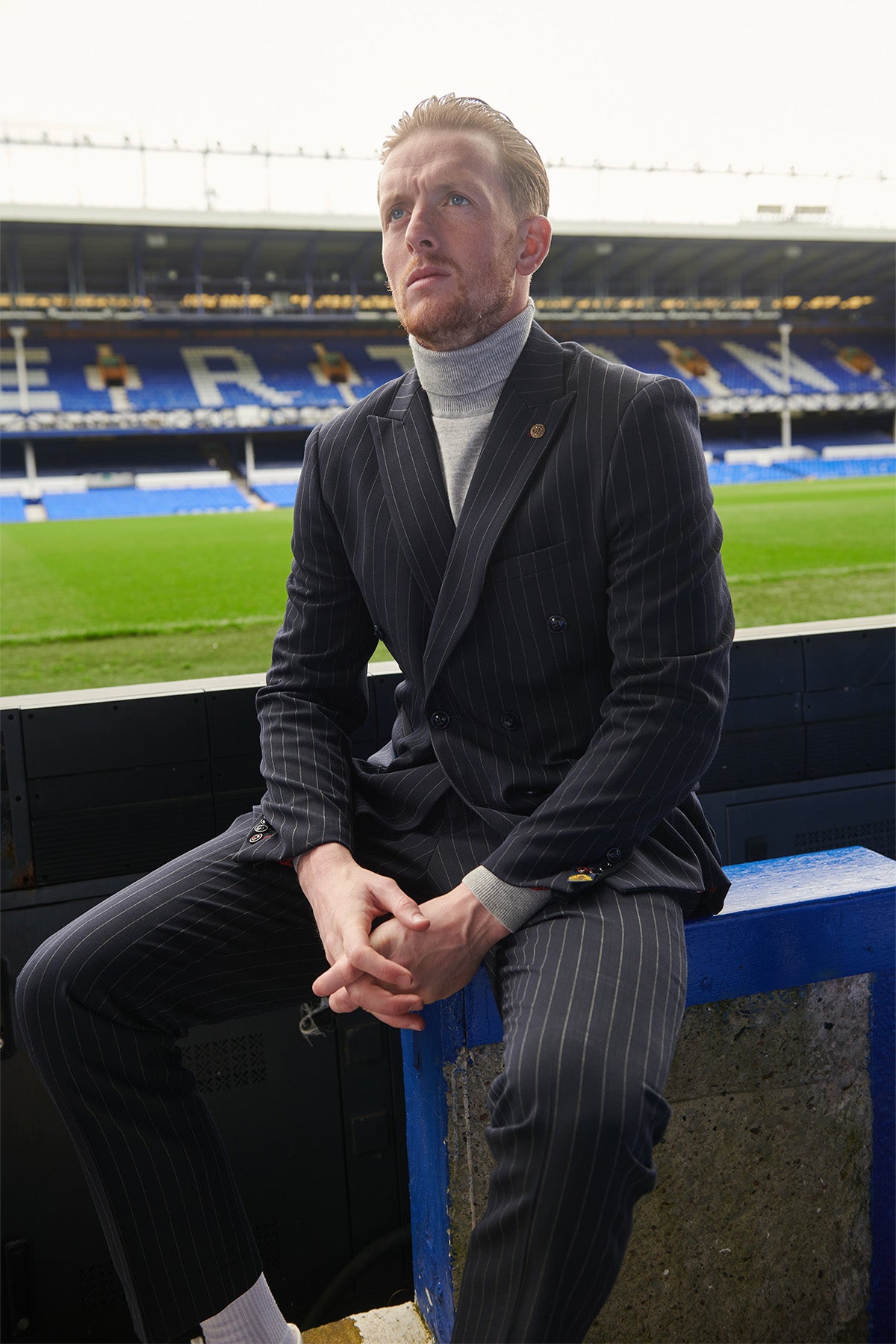 Everton FC Jordan Pickford Navy Pinstripe Double Breasted Two-Piece Suit | Official Football Player Outfit for Match Day & Formal Events