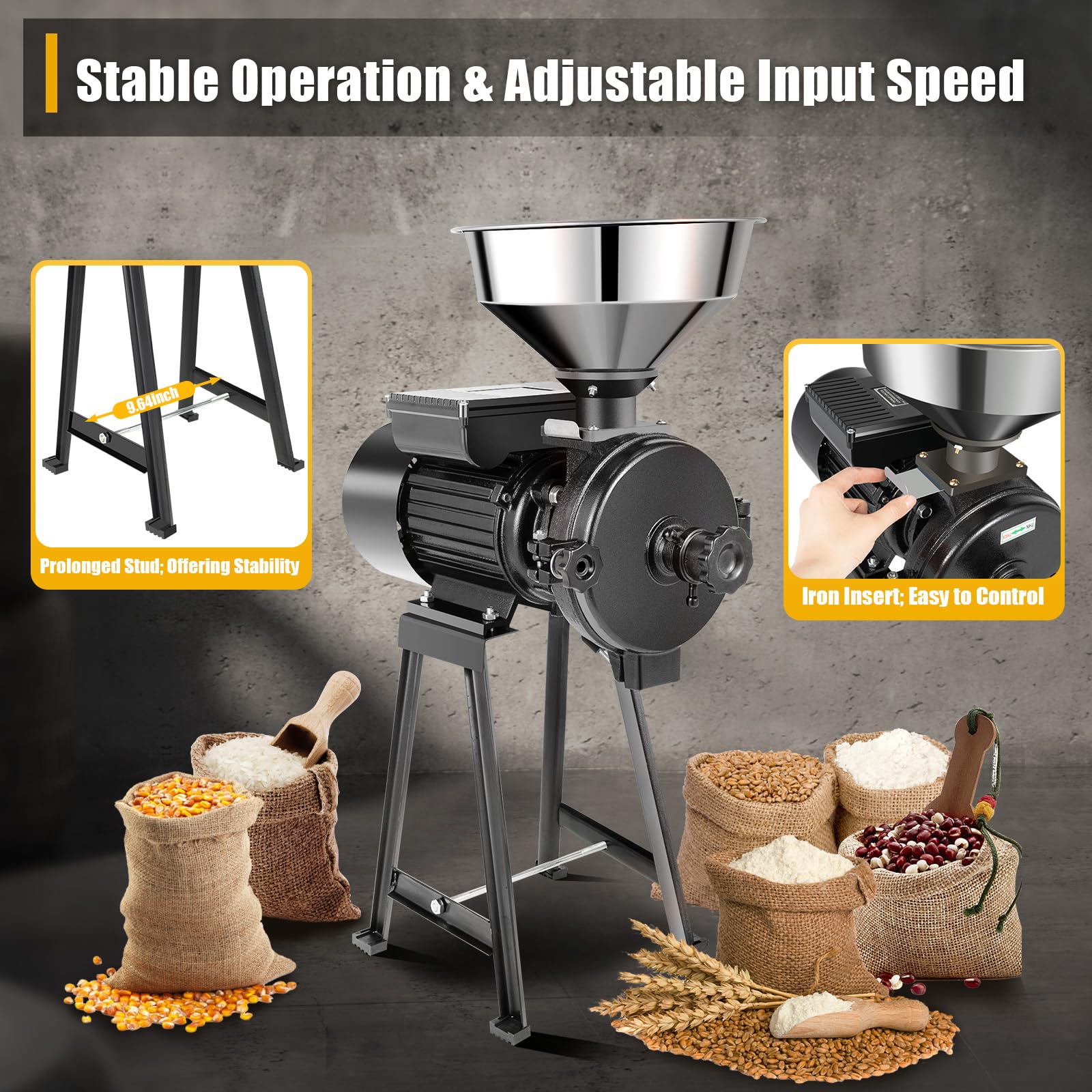 1500W Commercial Electric Grain Mill Grinder - Stainless Steel Wheat, Corn, Rice, Coffee Flour Milling Machine for Home & Bakery Use - 1400r/m, 110V (Perfect for Grinding Grains, Spices & Making Fresh Flour)