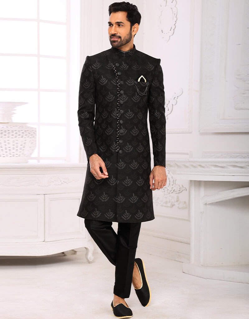 Elegant Black Kurta with Imported Brocade Jacquard Aligadhi Pant Set - Perfect for Festivals, Weddings & Special Occasions