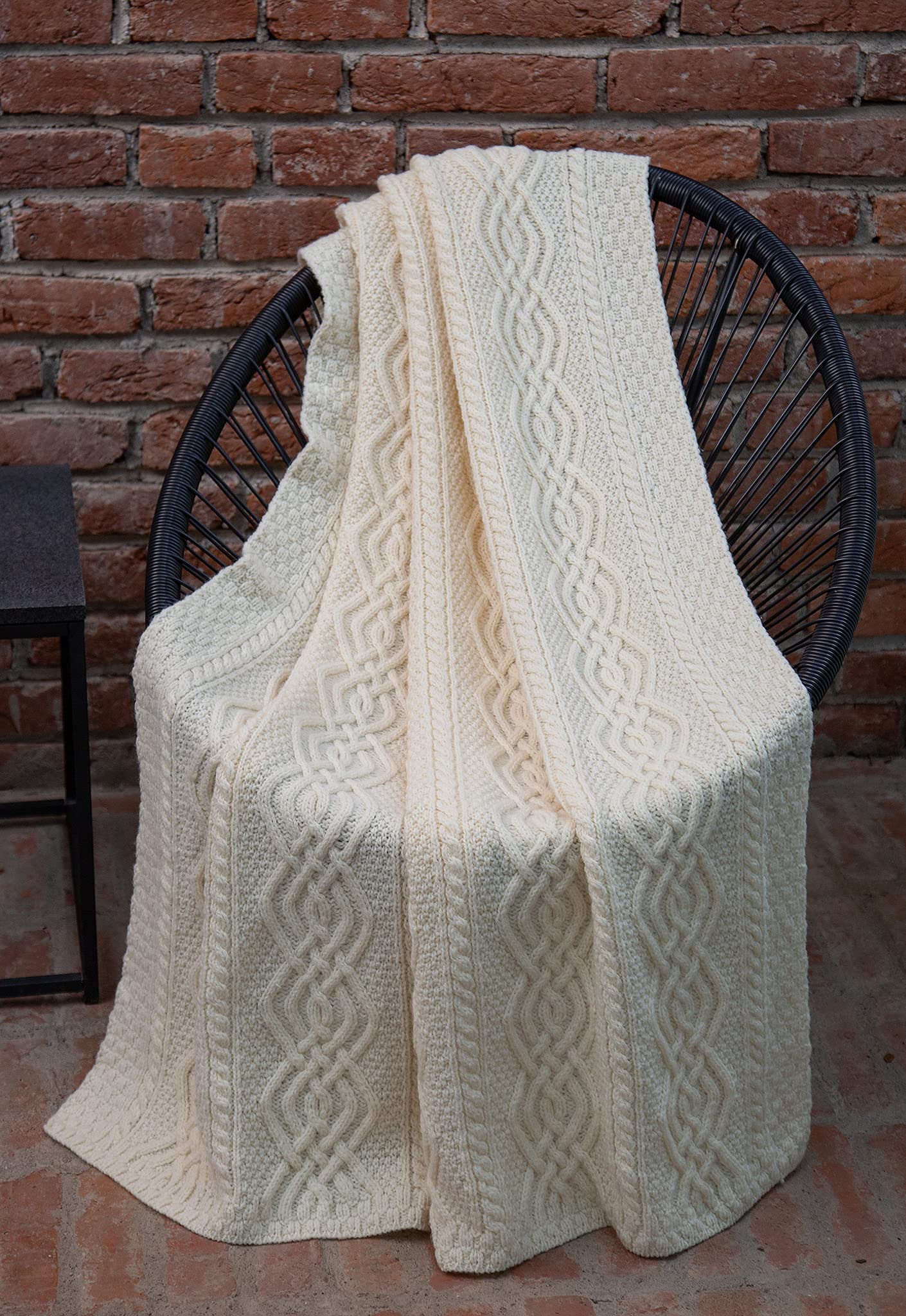 SAOL Luxurious Dara 100% Merino Wool Cable Knit Aran Throw Blanket - Soft Warm Couch Cover & Bed Blanket - Natural Color - 69 x 44 Inches - Perfect for Living Room, Bedroom & Winter Snuggling