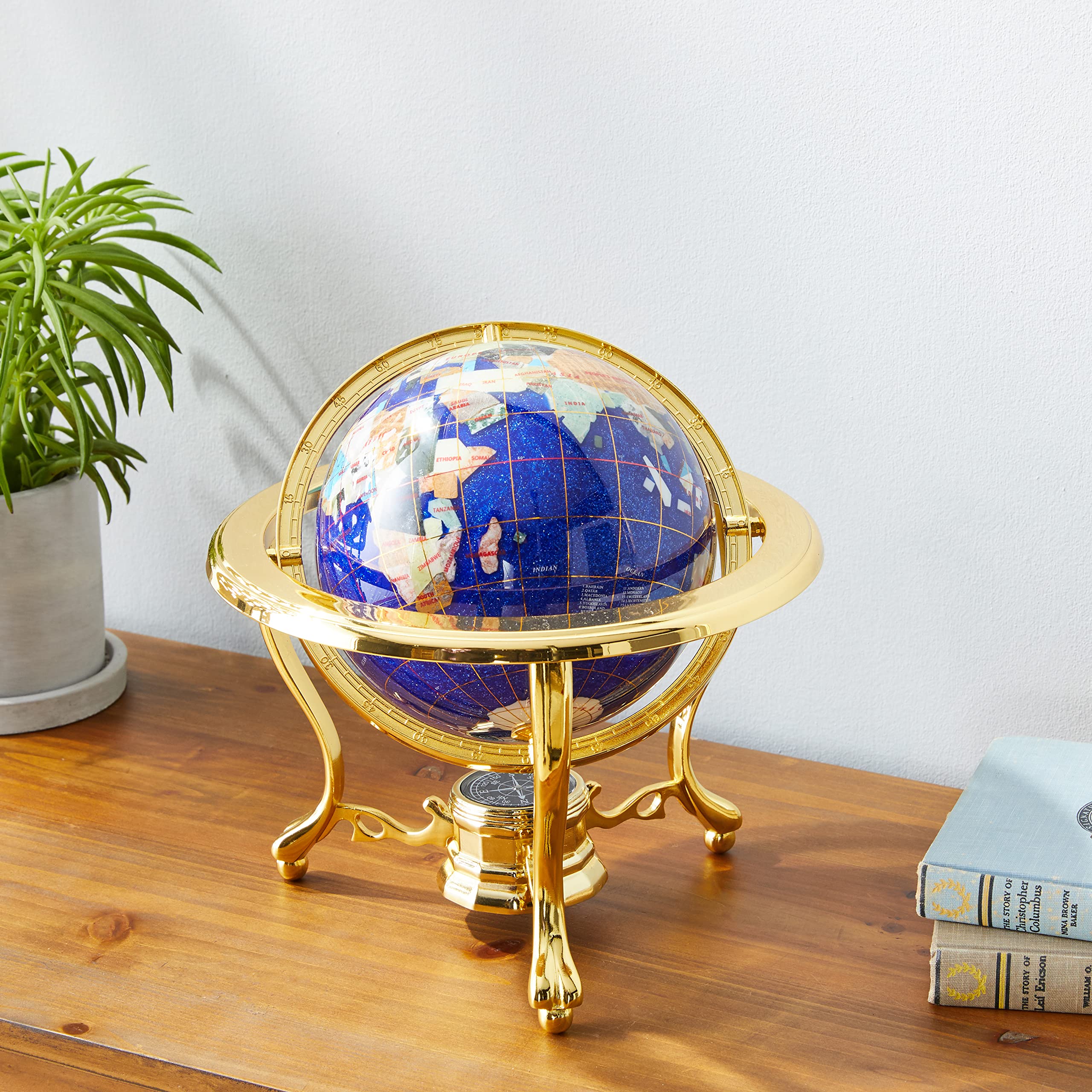 10-Inch Blue Crystallite Ocean Gemstone World Globe with Gold Tripod Stand - Unique Art Tabletop Decor for Home, Office & Gift Giving