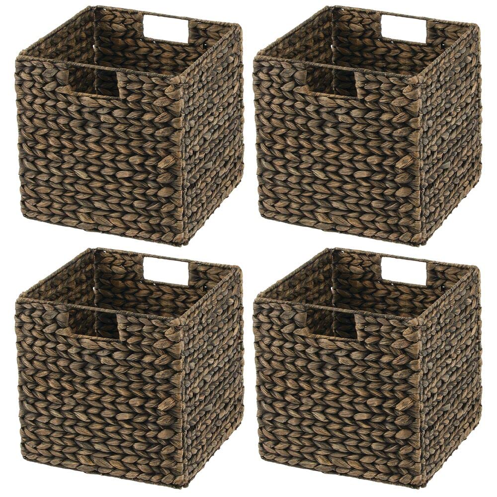 mDesign Natural Woven Hyacinth Cube Storage Basket with Handles - 4 Pack Black Wash Organizer for Kitchen, Pantry & Cubby Units | Perfect for Snacks, Small Appliances & Home Organization | Space-Saving Cabinet & Shelf Storage Solution