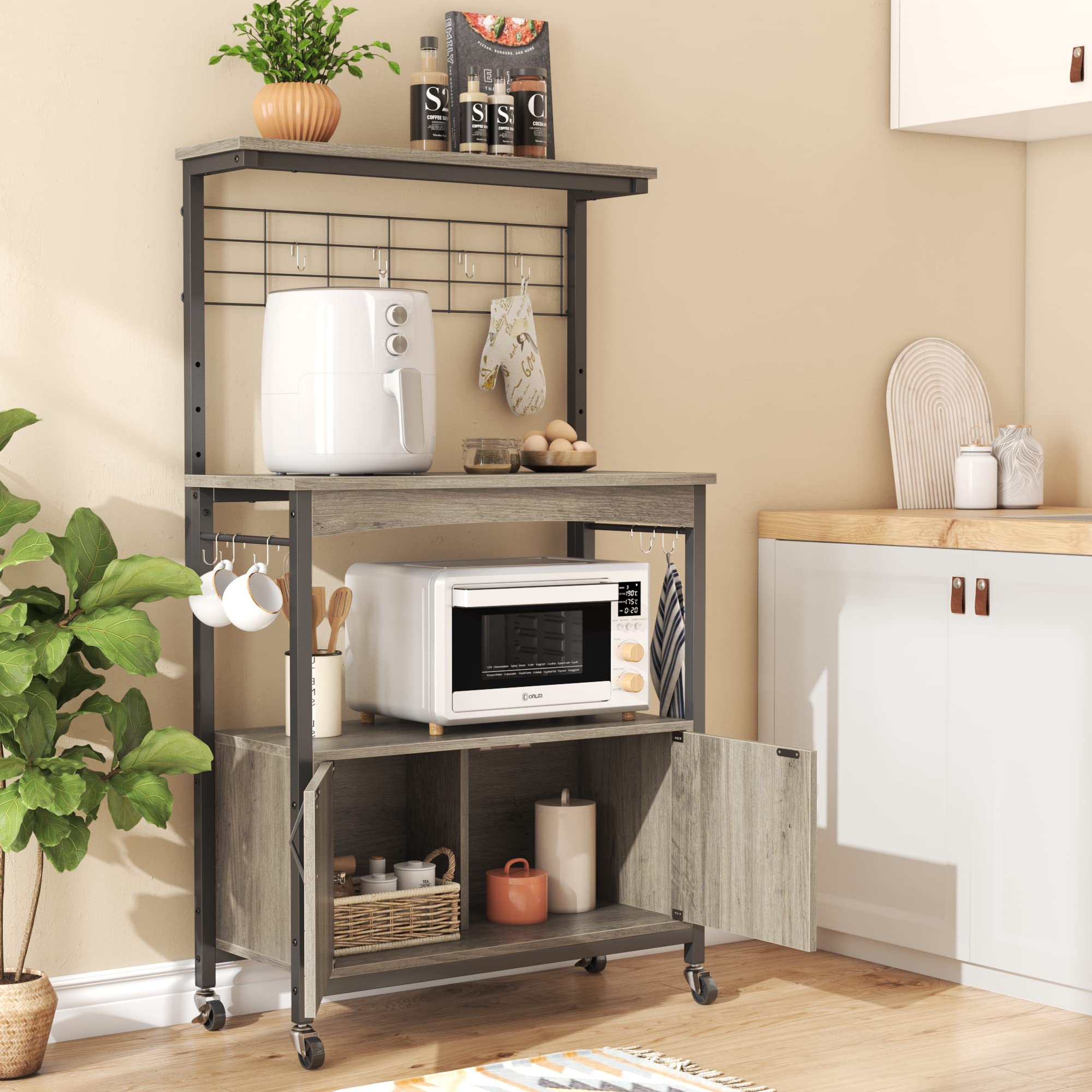 Bestier Adjustable Microwave Stand with Storage Cabinet - Industrial Rolling Kitchen Shelf with Wheels & Feet, 10 S-Hooks - Perfect for Small Kitchens, Coffee Bars & Baker's Racks (Grey Wash)