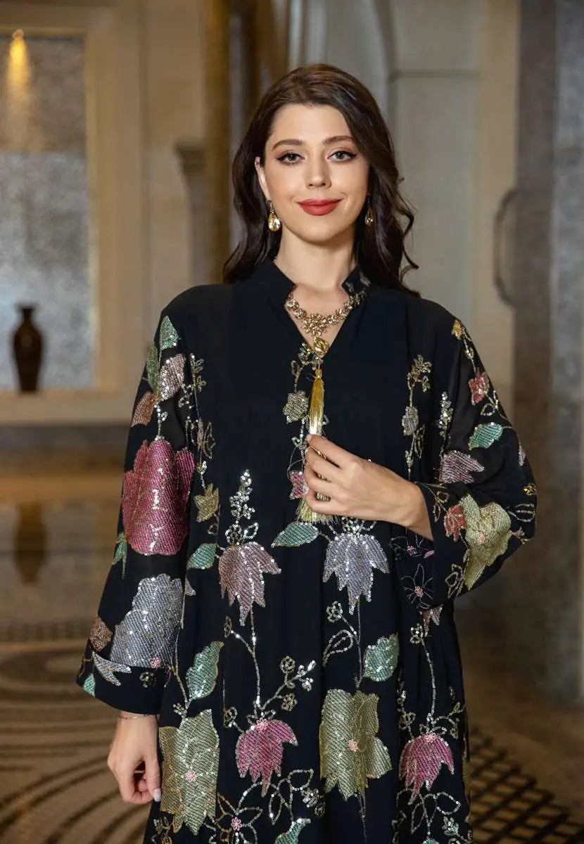 Elegant Eid Dress for Women - Embroidered Sequin Chiffon Kaftan Caftan Outfit | Perfect for Eid Celebrations, Weddings & Special Occasions