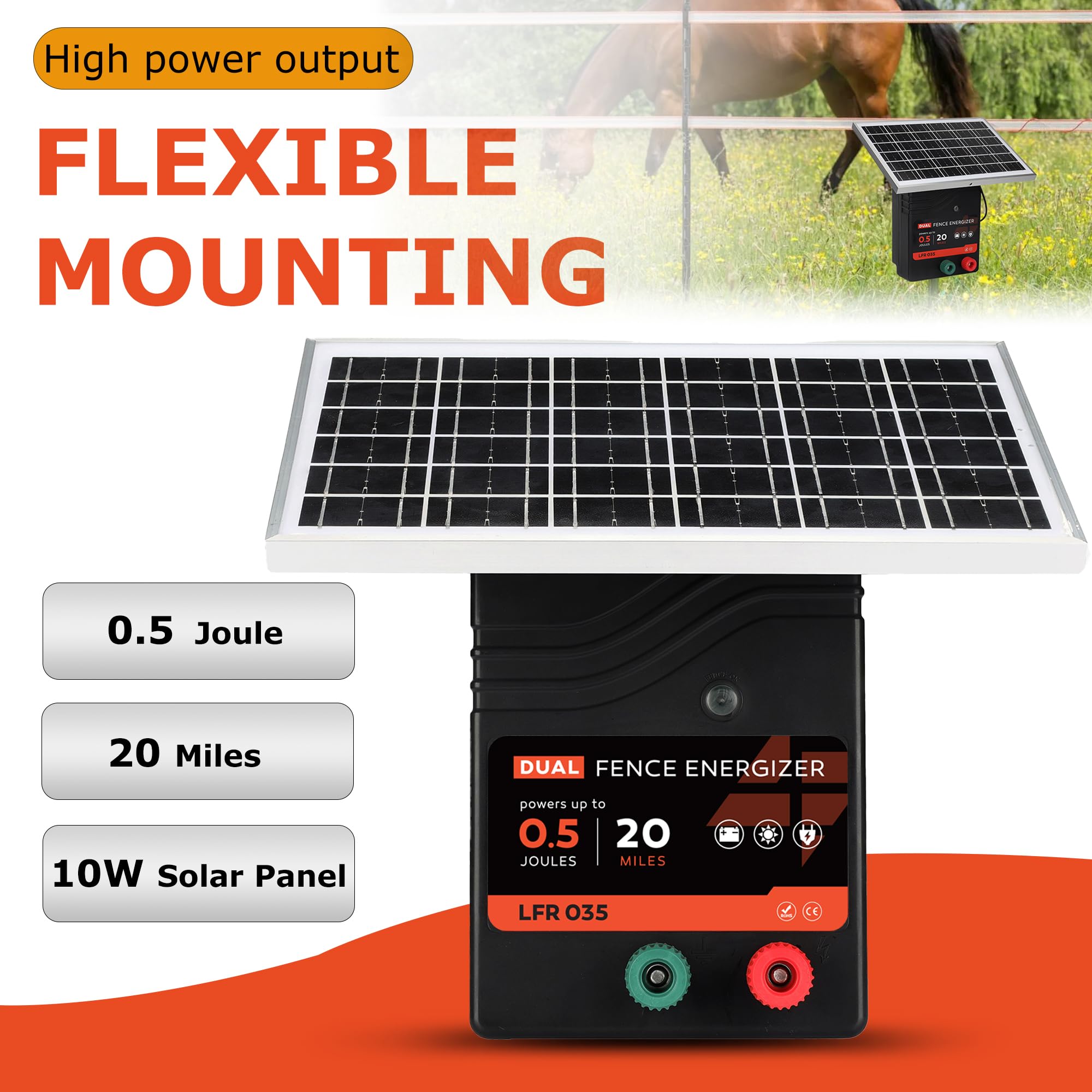 20 Miles Solar Electric Fence Charger - 0.5 Joule Portable Fence Energizer with 10W Solar Panel Kit for Livestock Protection | Prevent Predators & Secure Farms, Ranches, Pastures (Ideal for Cattle, Horses, Sheep & Poultry)