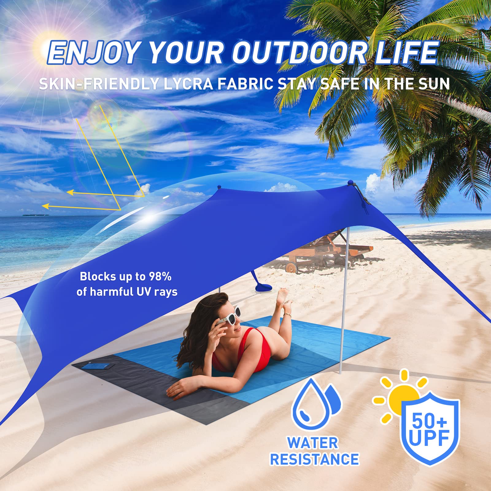 UPF50+ Beach Tent Pop Up Sun Shelter with 4 Stability Poles - Portable Outdoor Canopy for Camping, Picnics & Beach Days (Includes Carry Bag, Ground Pegs, Sand Shovel & Windproof Ropes) - Royal Blue 7×7FT - Perfect for Family Outings, Backyard Relaxation & Summer Adventures