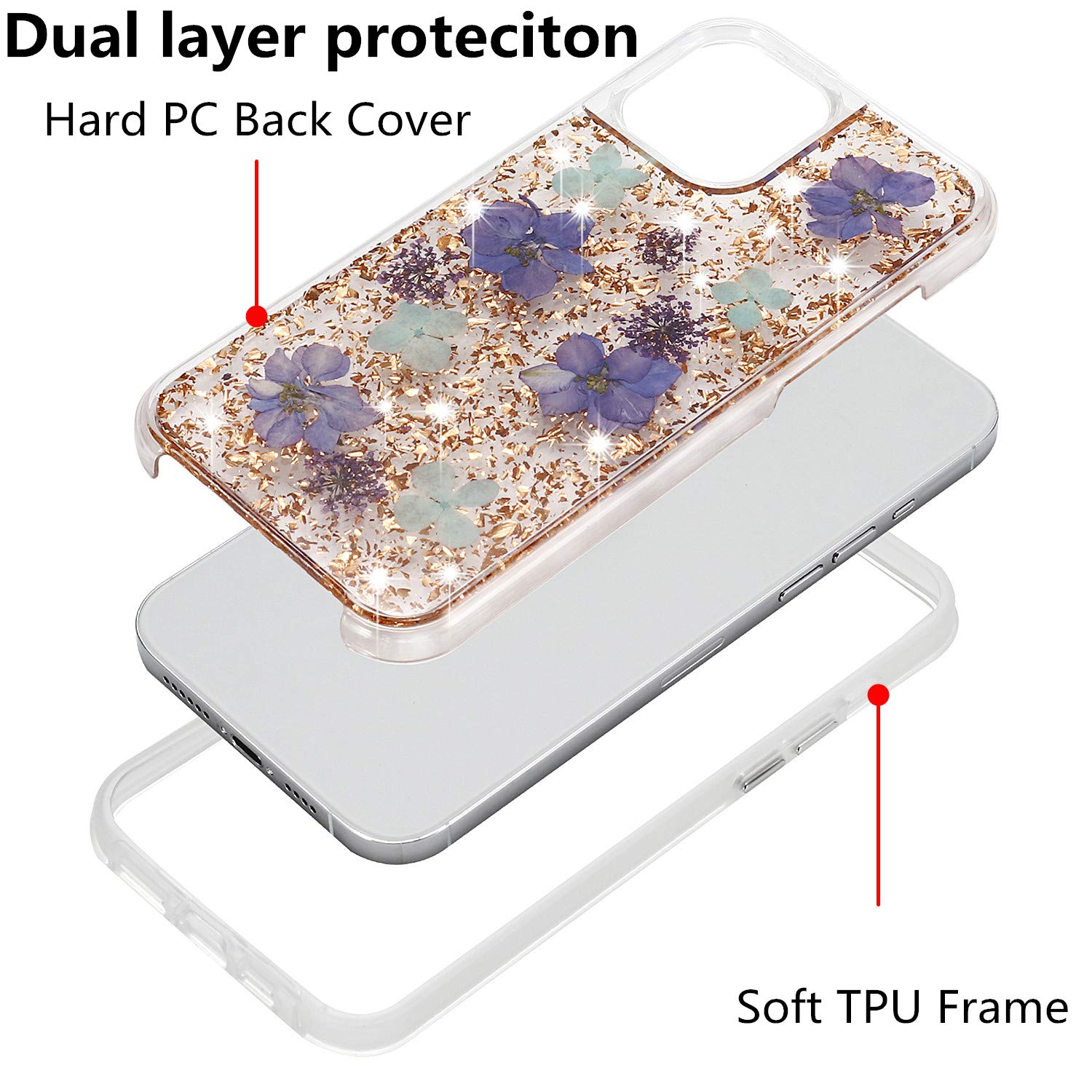 Luxury iPhone 12 Pro Max Case for Women - Sparkling Glitter Floral Design with Clear TPU Bumper | Protective Hard Back Cover for iPhone 12 Pro Max 6.7