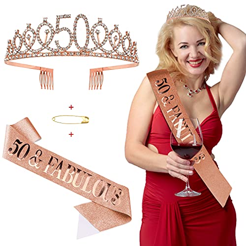 50th Birthday Sash and Tiara Set for Women - Rose Gold Crown & Birthday Sash - Elegant 50th Birthday Party Decorations & Gifts for Women - Perfect for Milestone Celebrations, Bachelorette Parties & Special Occasions
