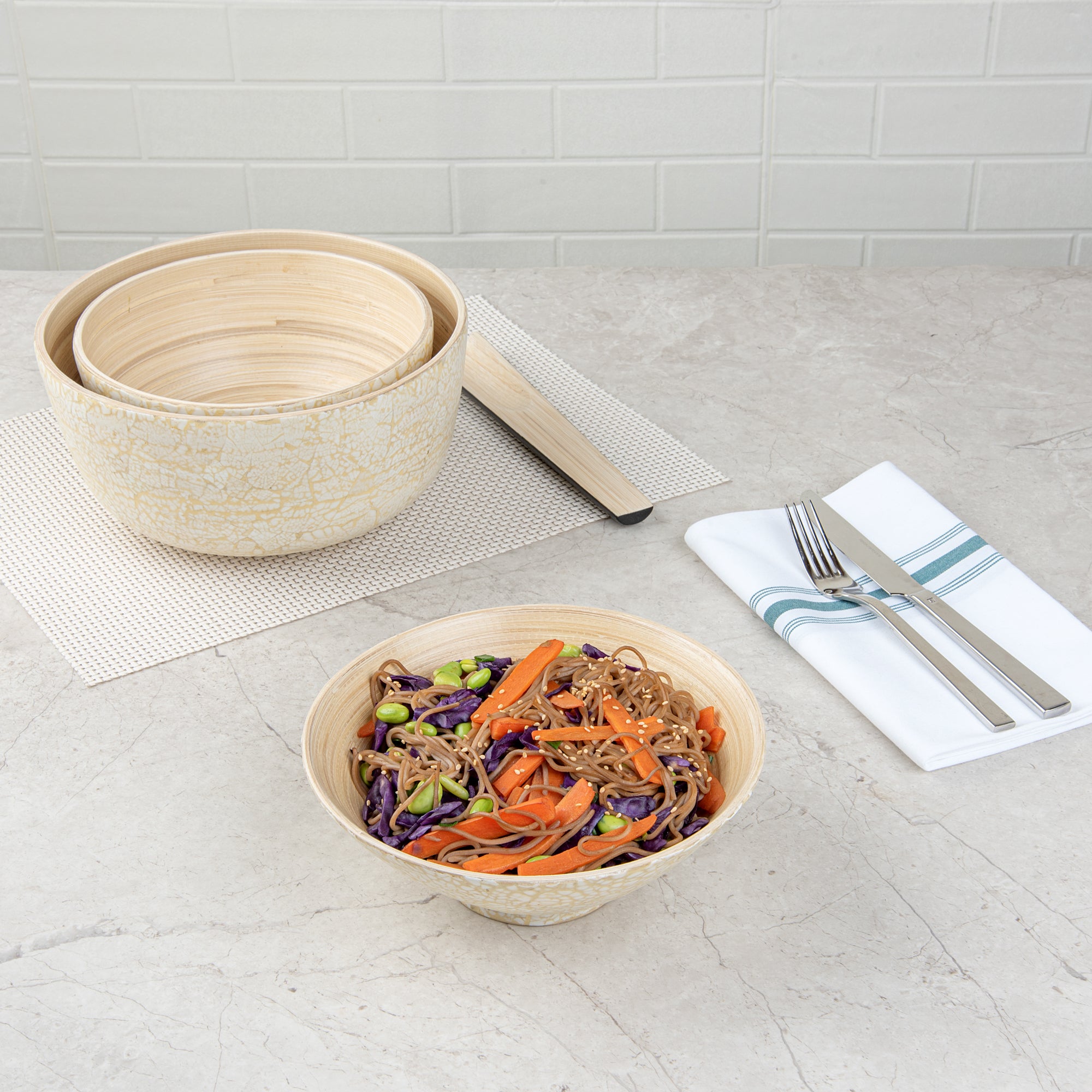Bambuddha 29 oz Round Beige Spun Bamboo Serving Bowl - 8.25
