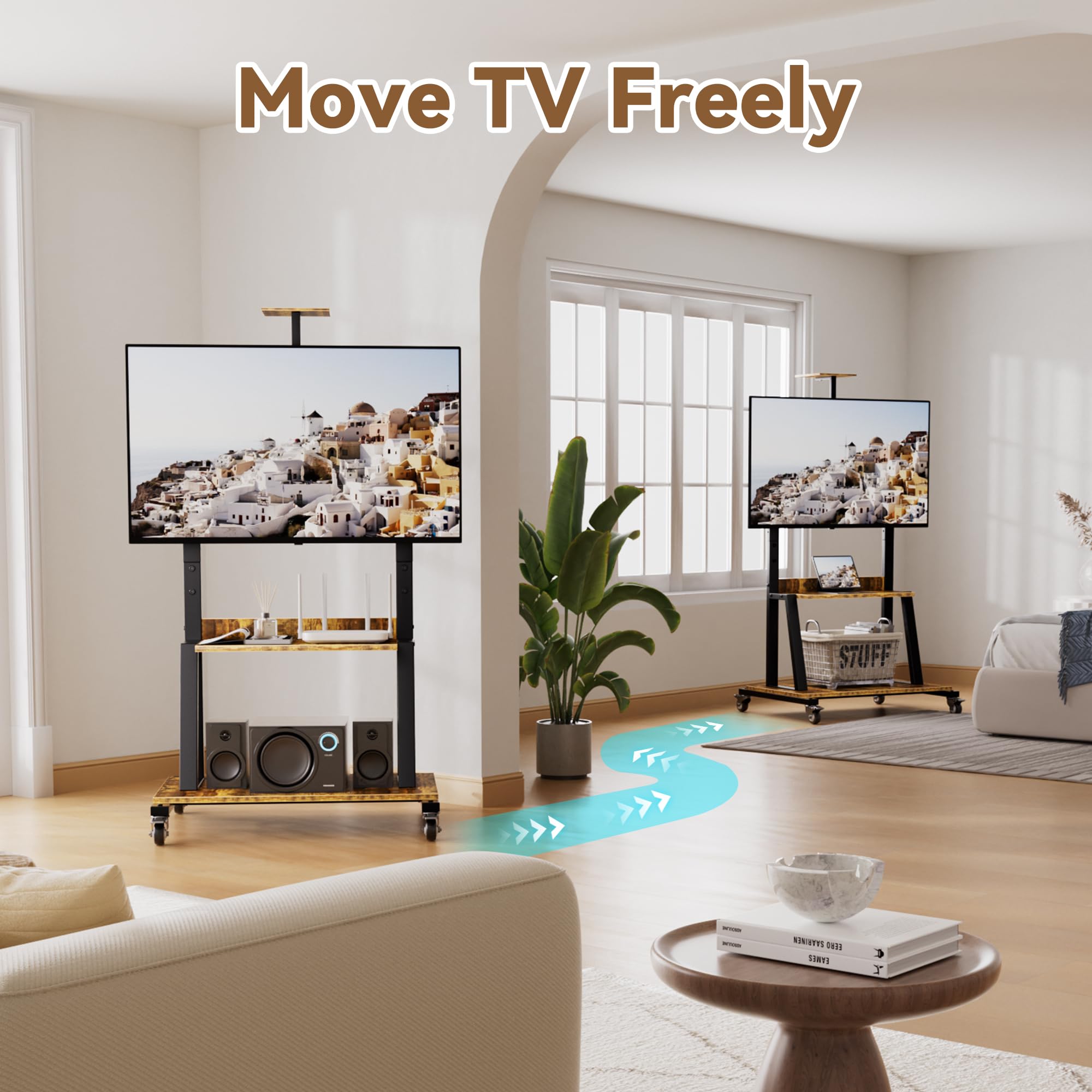 Rolling TV Cart with Lockable Wheels for 32-75 Inch TVs - Portable TV Stand with 2-Tier Storage Shelves - Heavy Duty Entertainment Center on Wheels Holds 150 lbs - Retro Style for Living Room & Bedroom - Perfect for Small Spaces & Home Theater Setup