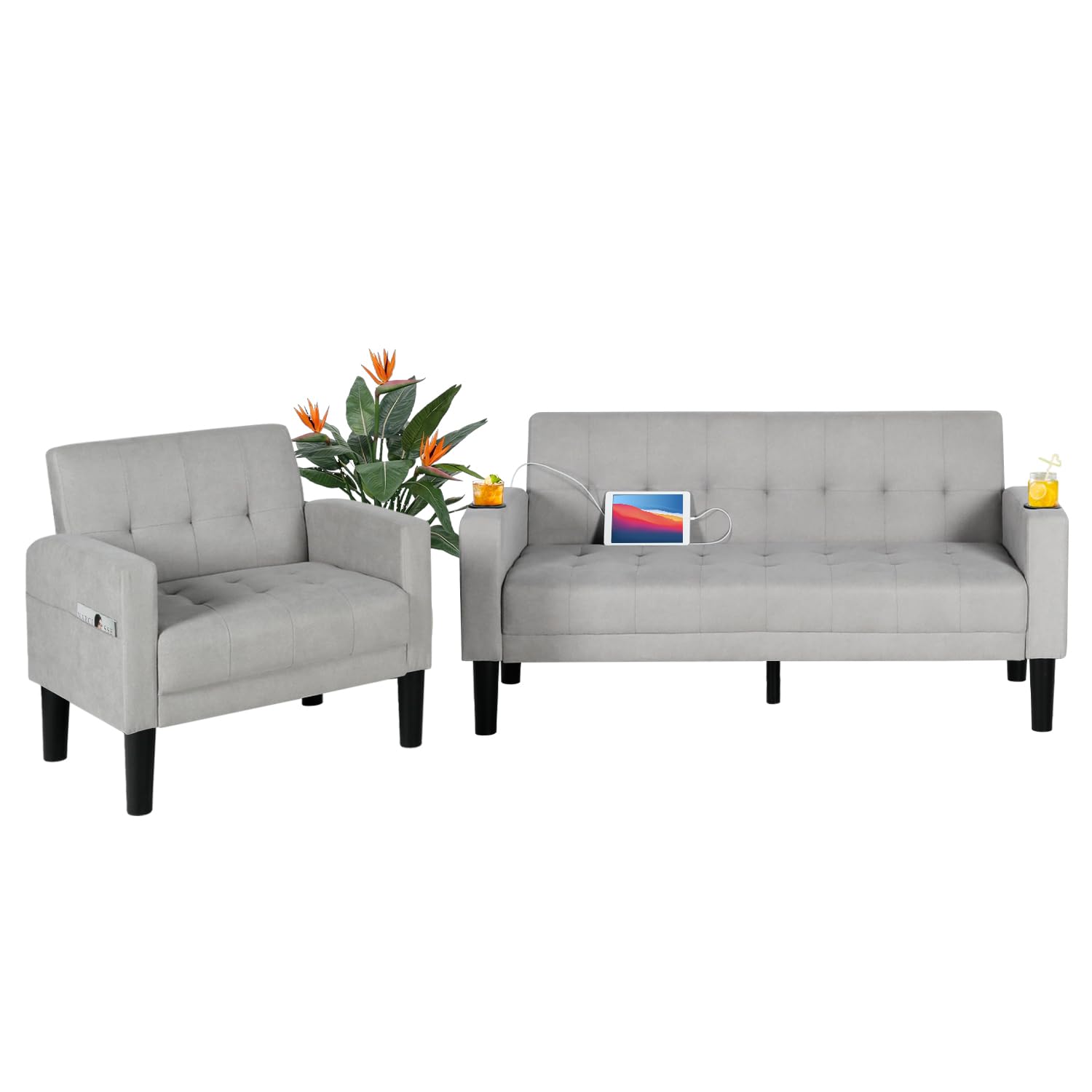 AILEEKISS 2-Piece Modern Fabric Sectional Sofa Set with USB Chargers, Cup Holders & Side Pockets - Loveseat & Single Seat Couch for Living Room, Apartment, Office (Light Grey) | Perfect for Small Spaces, Movie Nights & Home Decor