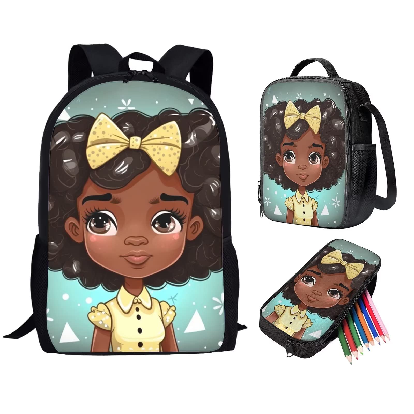 UZZUHI Black Art Afro Girls Backpack with Lunch Box Set - African American School Bookbag for Elementary Kids (2nd-5th Grade) - Perfect for School, Travel & Daily Use
