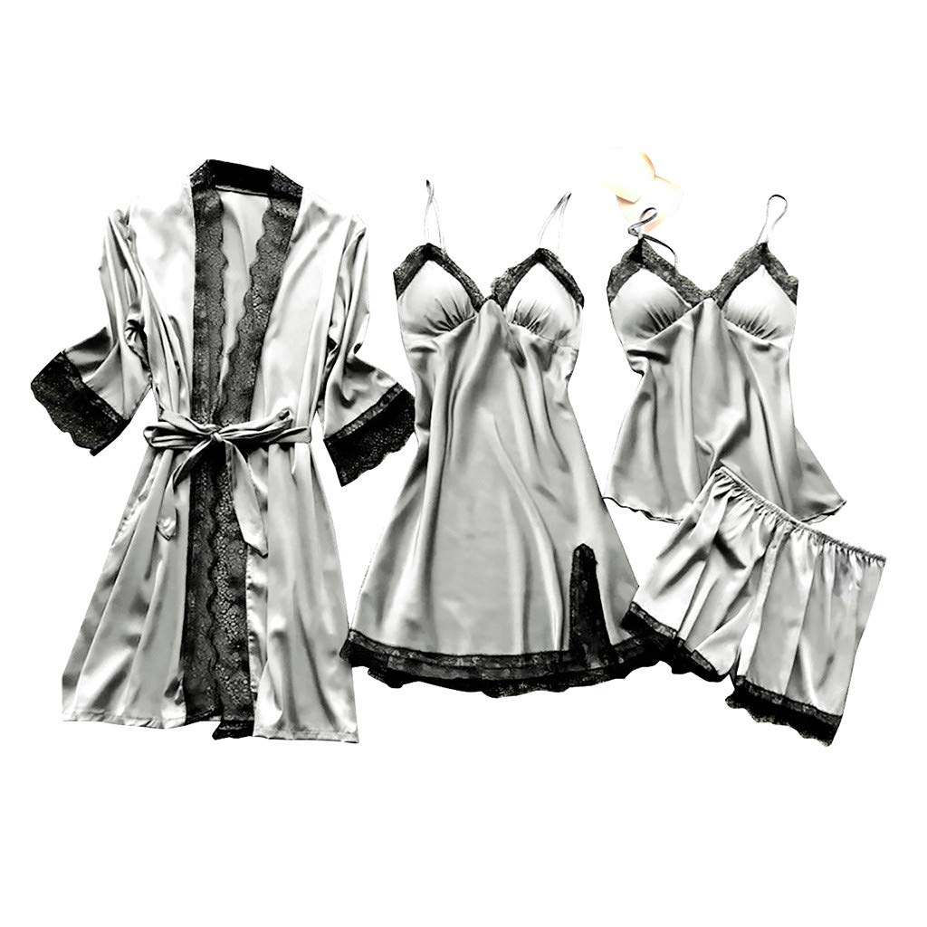 4PCs Women's Silk Satin Pajama Set - Sexy Lace Trim Sleepwear with Cami Top & Robe - Exotic Nightgowns for Valentine's Day, Anniversary Gift & Romantic Nights