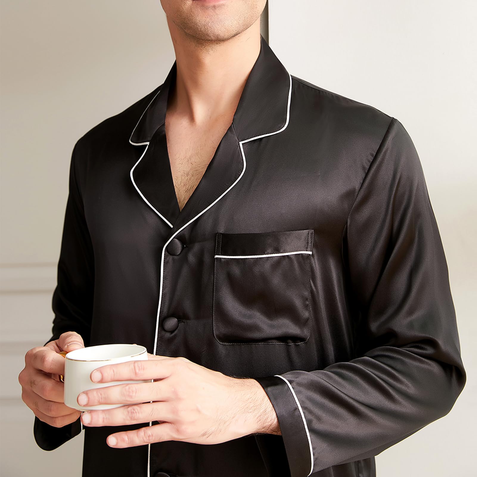 Luxury 19 Momme Mulberry Silk Pajama Set for Men - 2 Piece Long Sleeve Silk Pajamas, Lightweight & Breathable for Sleep, Lounge & Travel