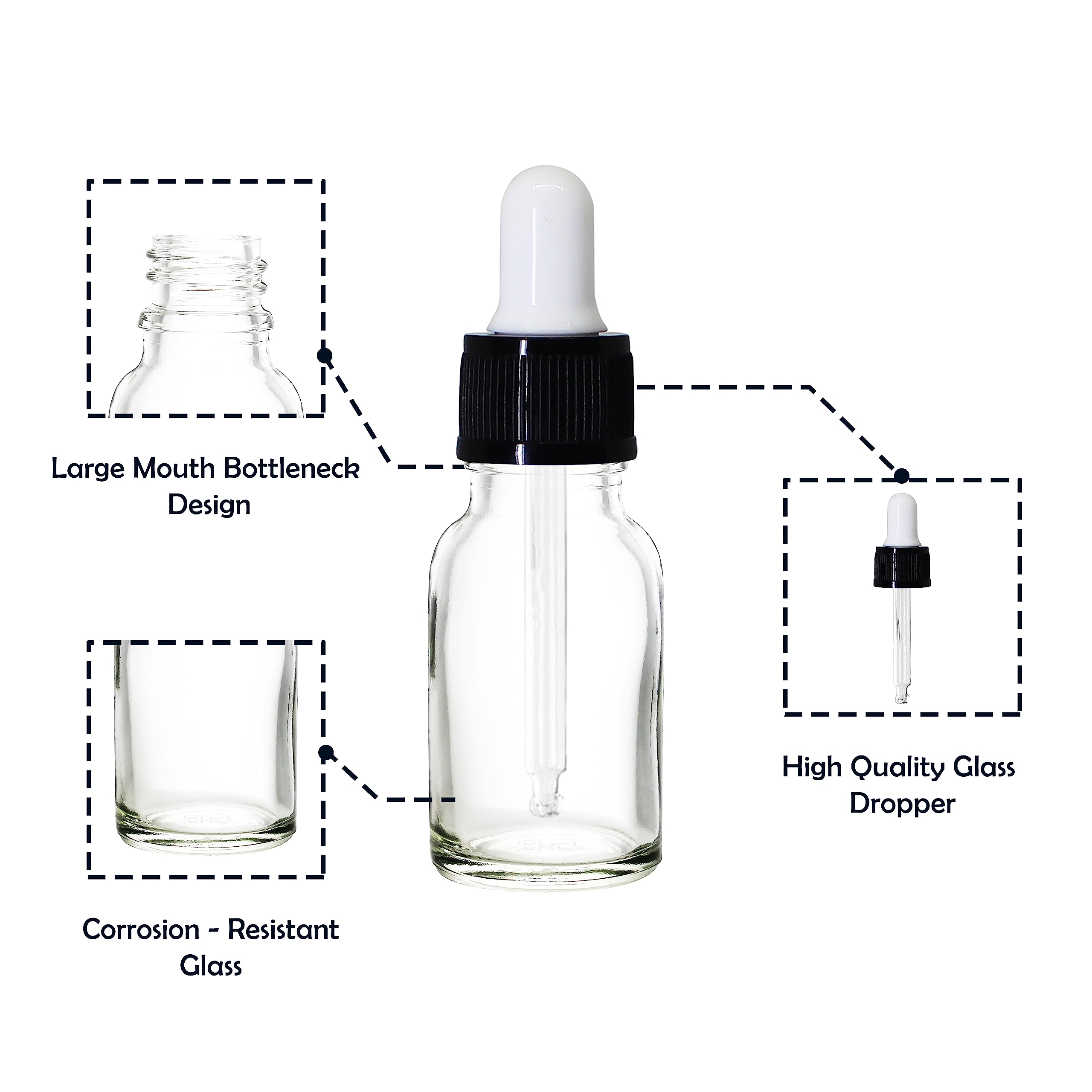 NSB Herbals 15ml Clear Round Empty Glass Bottle with Dropper & Black Ring - White Silicone Teat for Essential Oils, Perfumes, DIY Beauty (Pack of 3) | Refillable Travel-Size Container for Aromatherapy & Skincare