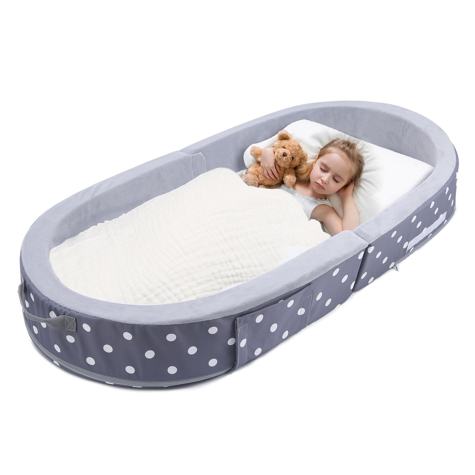 Foldable Toddler Floor Bed with Safety Sides - Portable Travel Kids Foam Sleeping Cot for Boys & Girls (Round Dot Design) - Perfect for Home, Daycare & Family Trips