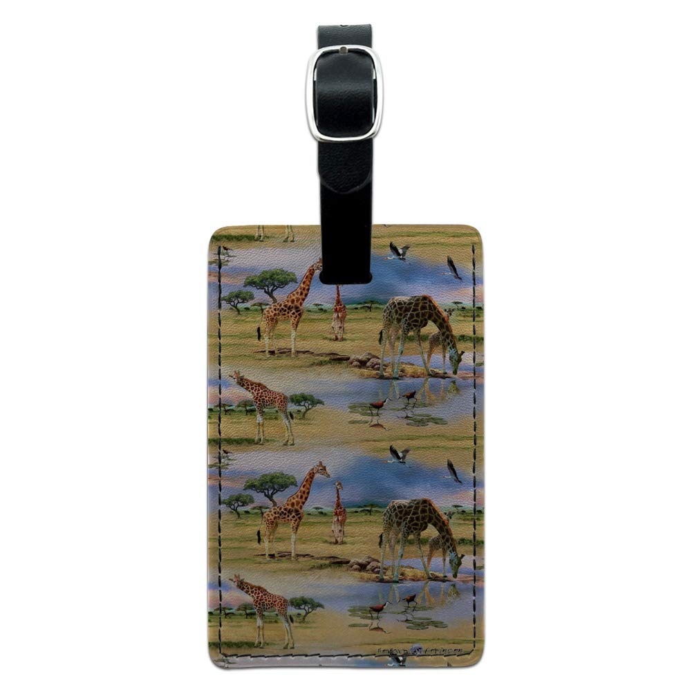 Giraffe Family African Animals Pattern Rectangle Leather Luggage Tag & ID Holder - Perfect for Travel, Suitcases, Backpacks and Passport Identification
