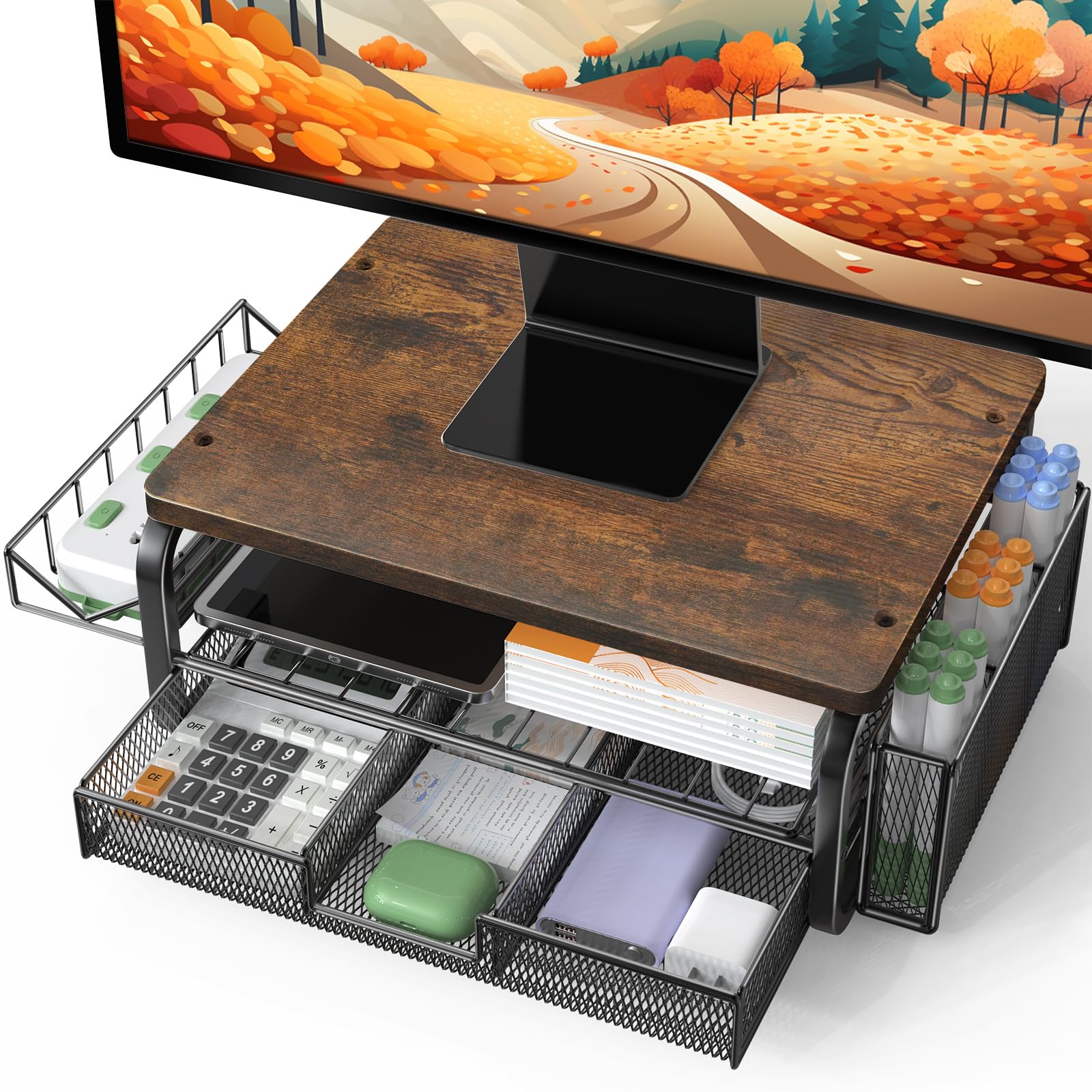 Premium Wooden Monitor Stand Riser with Storage Drawer - Large Desktop Organizer with Cable Management, Pen Holder & Phone Slot - Ergonomic Desk Accessory for Laptop, iMac, PC (Carbon Smoked) - Perfect for Home Office, Gaming Setup & Workspace Organization