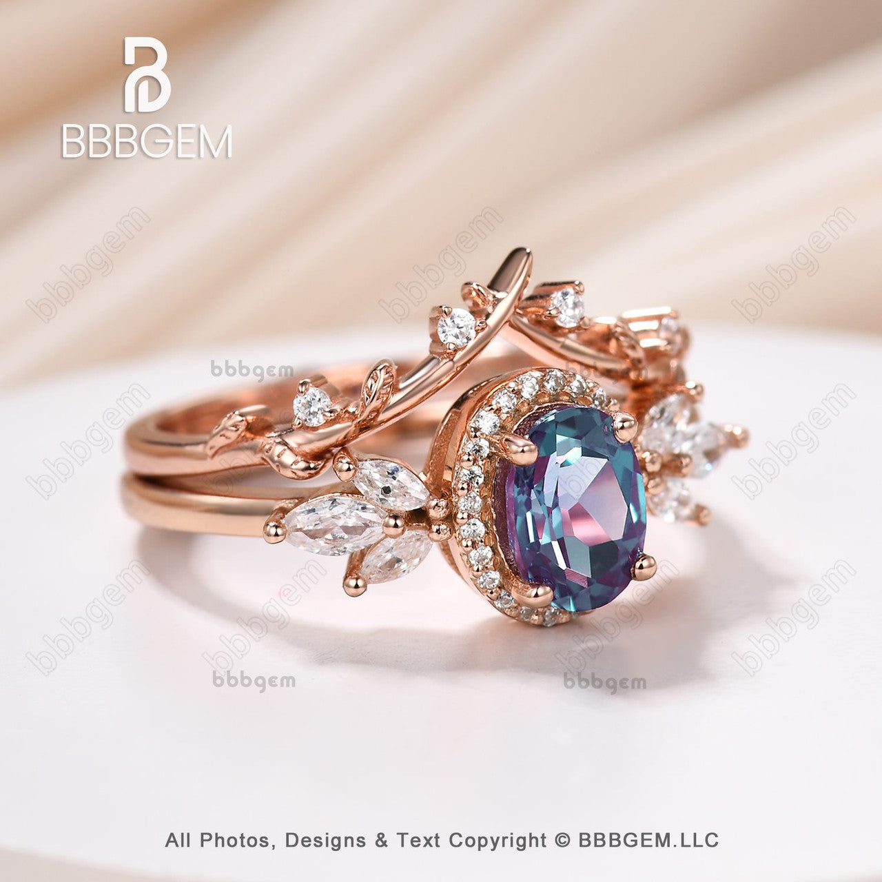 Exquisite Oval Halo Alexandrite & Marquise Moissanite Engagement Ring Set with Leaf Side Stones | Perfect for Proposals, Anniversaries & Special Occasions